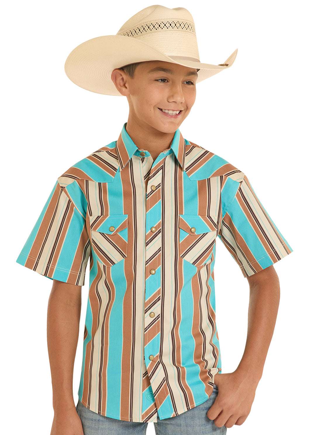 ROCK&ROLL BOYS SHIRT SHORT TEAL/BROWN STRIPE SHORT SLEEVE BUTTON UP- BBN3S08652 Laherradurawwnc.com