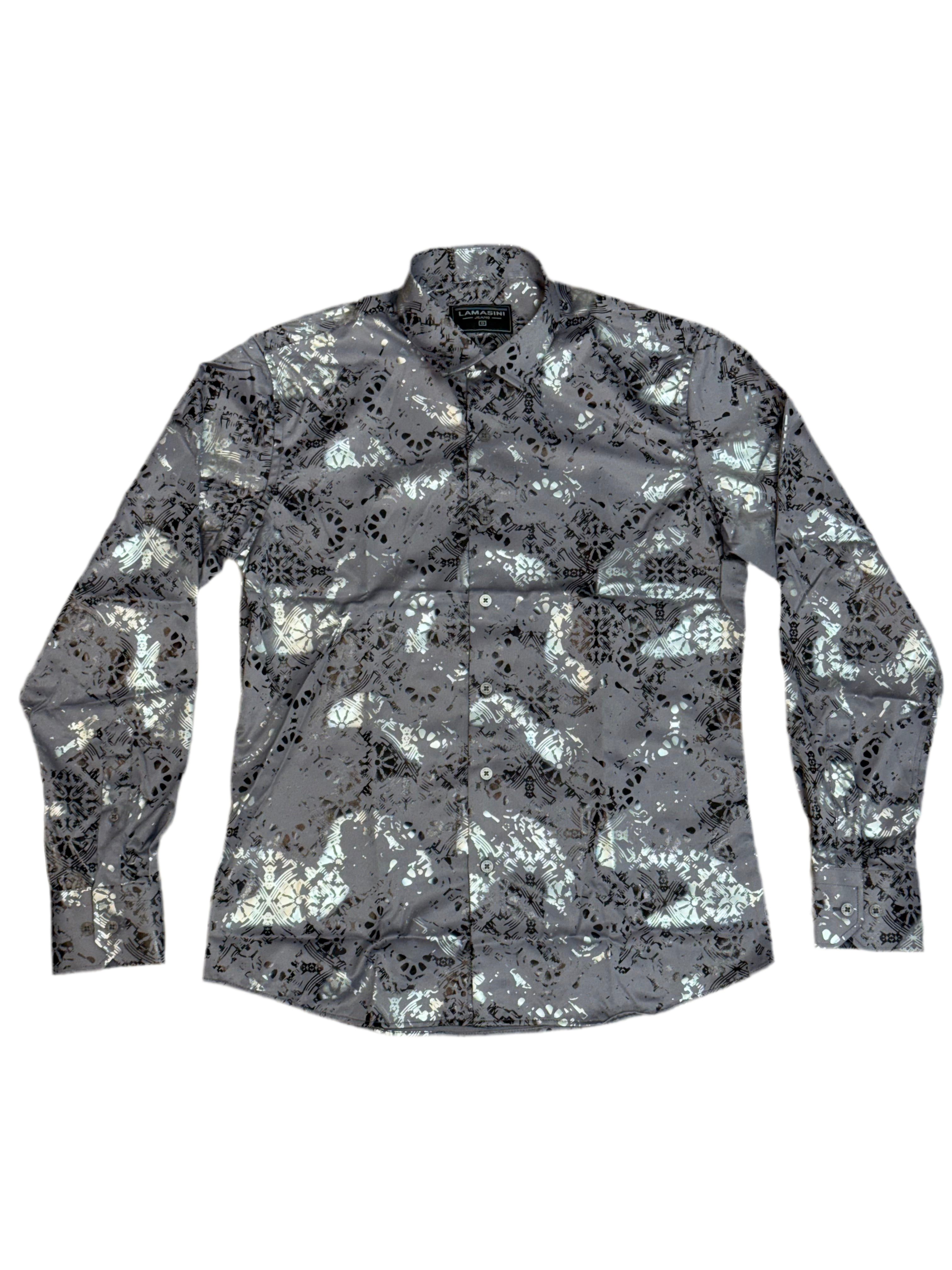 LAMASINI MENS SHIRT MODERN FIT STRETCH FOIL FASHION GREY SHIRT - LAM4478