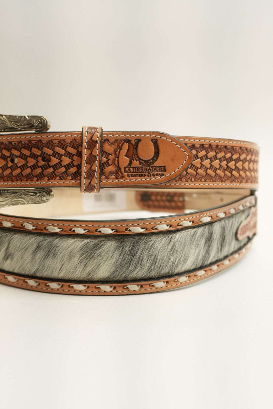 LA HERRADURA COWHIDE TAN PRINT HANDTOOLED BLACK/WHITE 2 IN BELT ONLY Laherradurawwnc.com