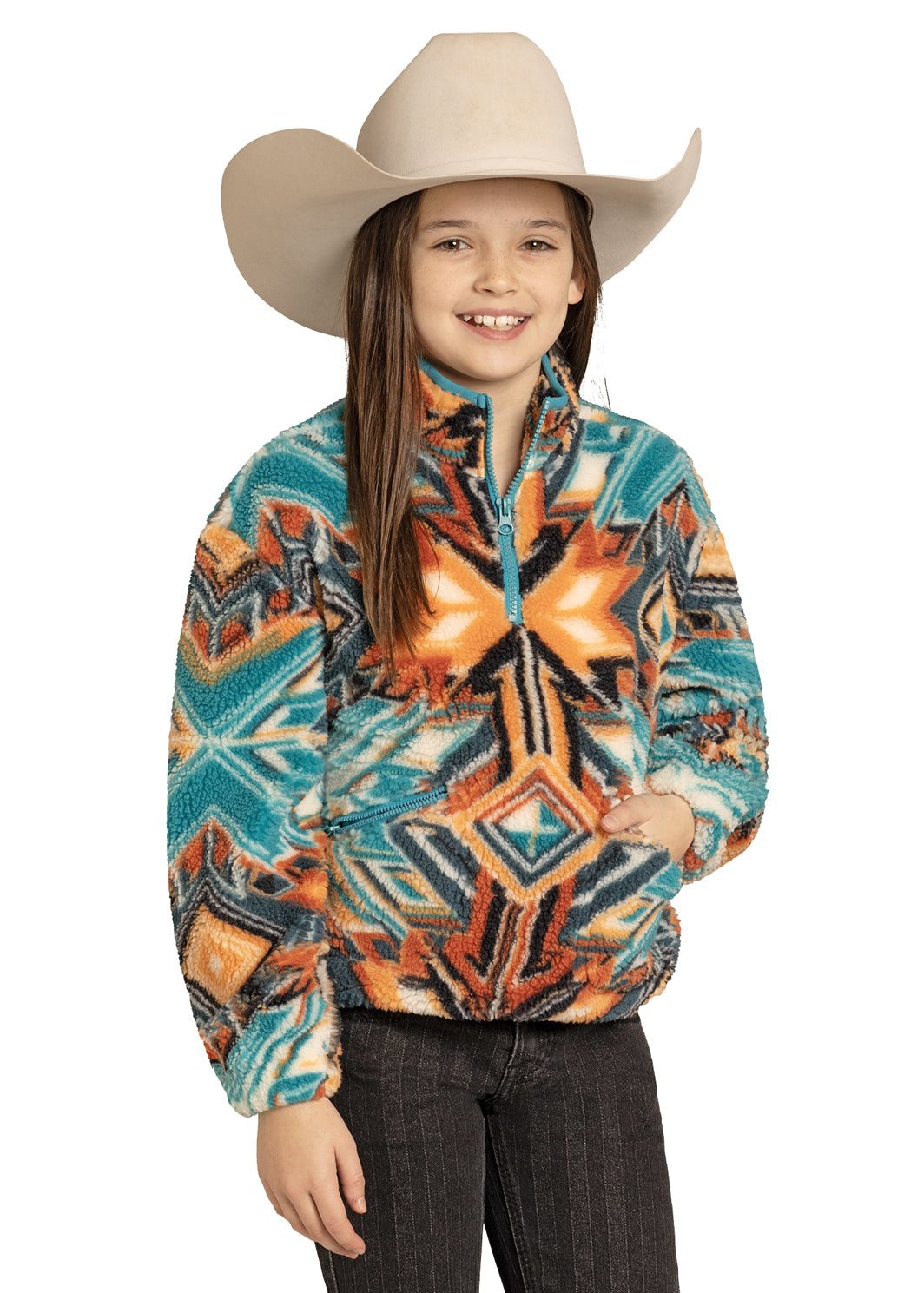 ROCK&ROLL DENIN GIRLS AZTEC PRINT ZIP JACKET TURQUOISE BG91C07752