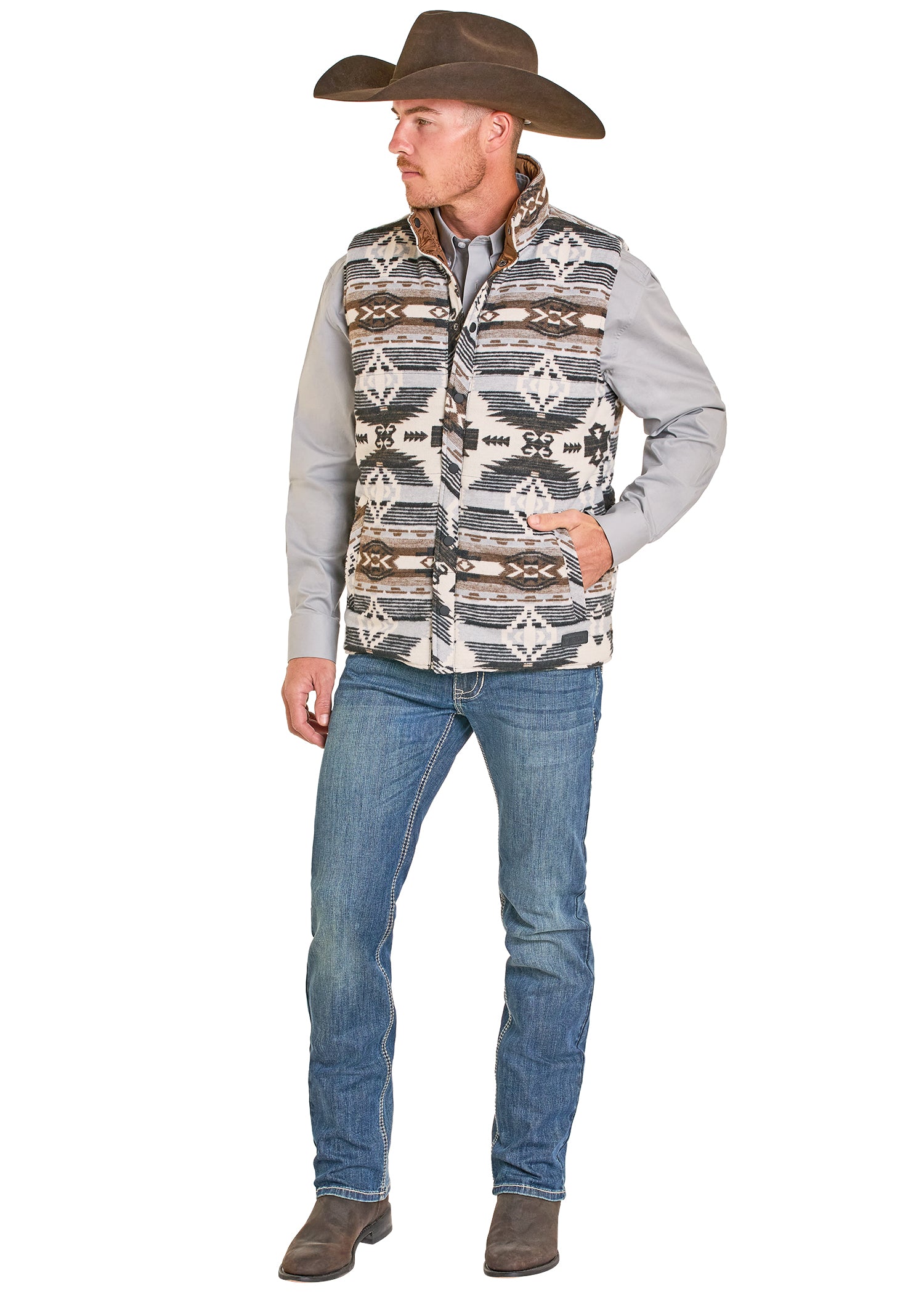 ROCK&ROLL MENS GREY MEN RRJAC AZTEC REVERSIBLE VEST BM98C06716