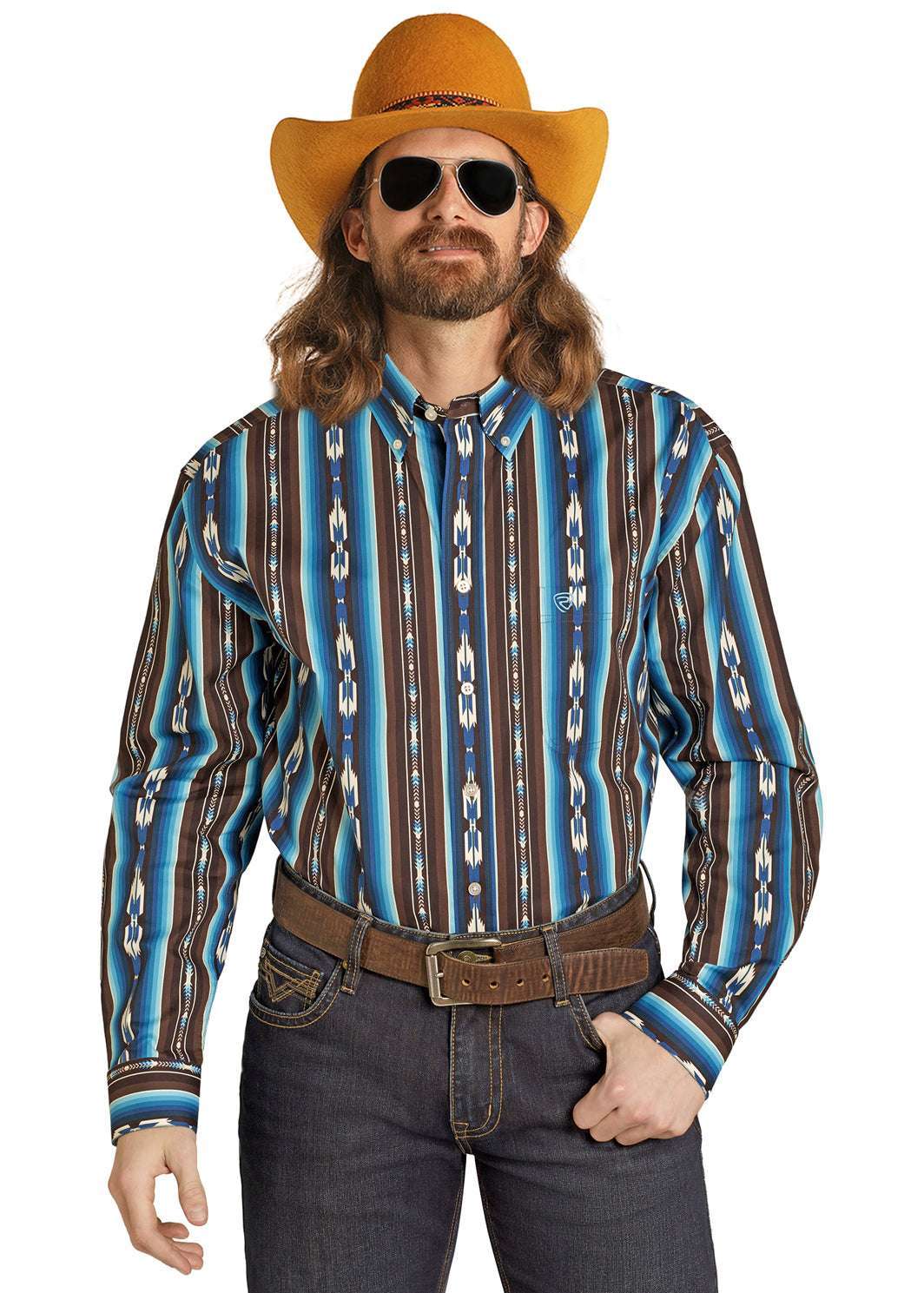ROCK&ROLL MEN LONG SLEEVE SHIRT TEAL BMB2S07649 Laherradurawwnc.com