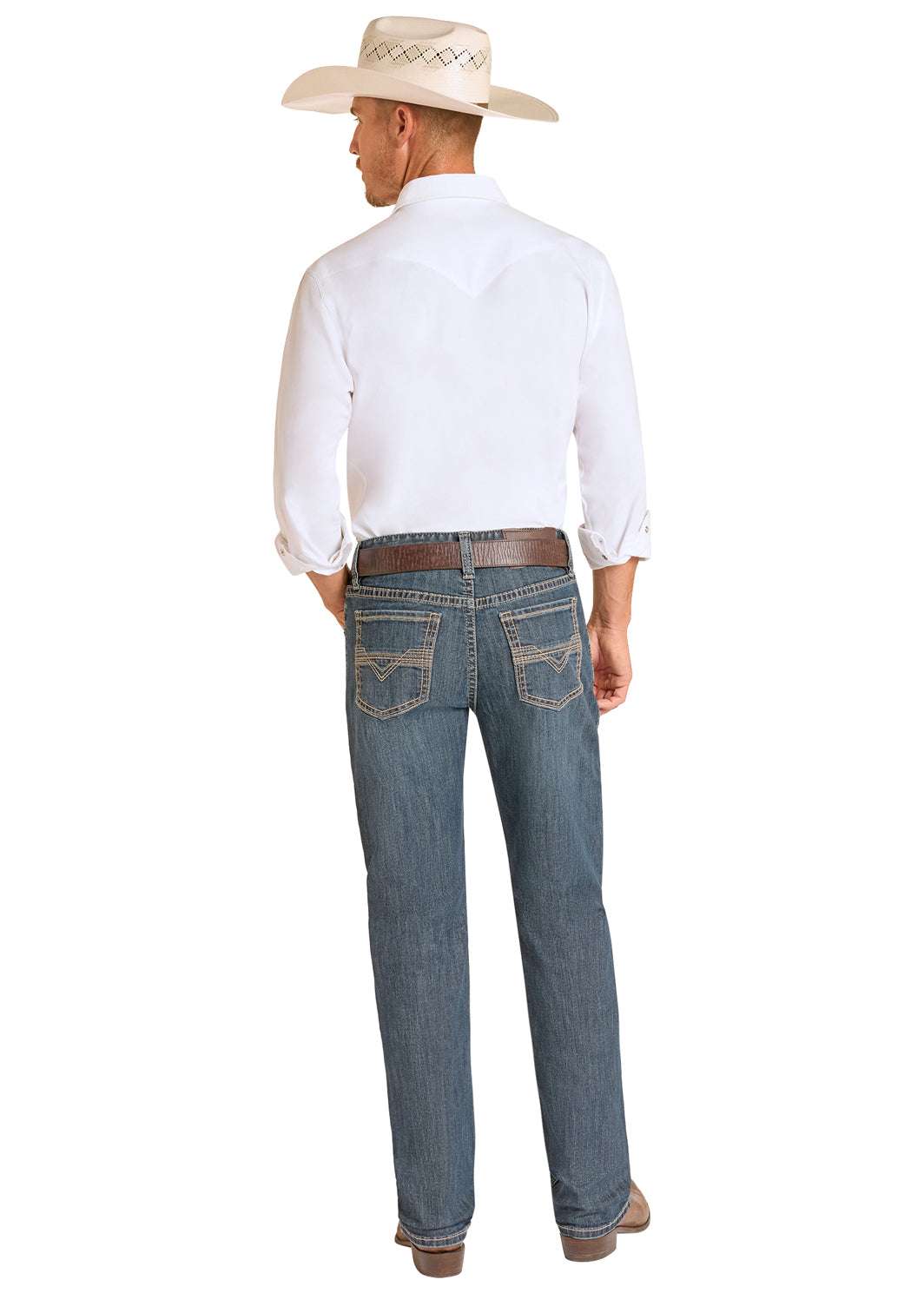 Man wearing a white shirt, blue jeans, and a cowboy hat