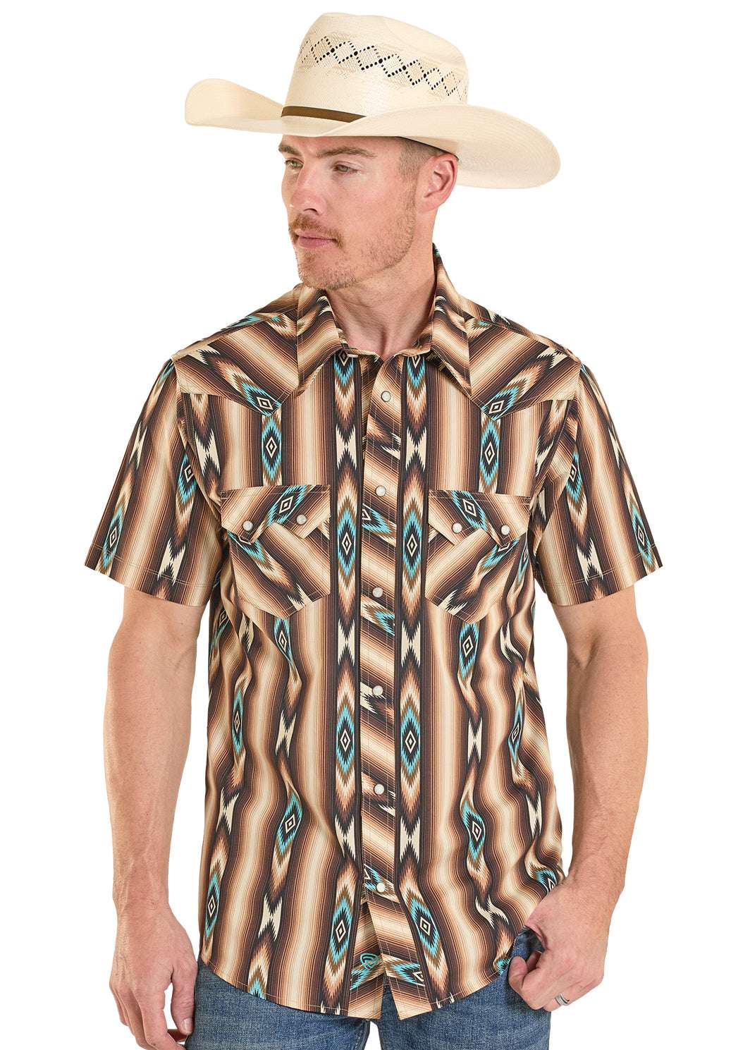 ROCK&ROLL SHIRT MENS AZTEC STRIPE PRINT SHORT DARK BROWN BMN3S08304 Laherradurawwnc.com