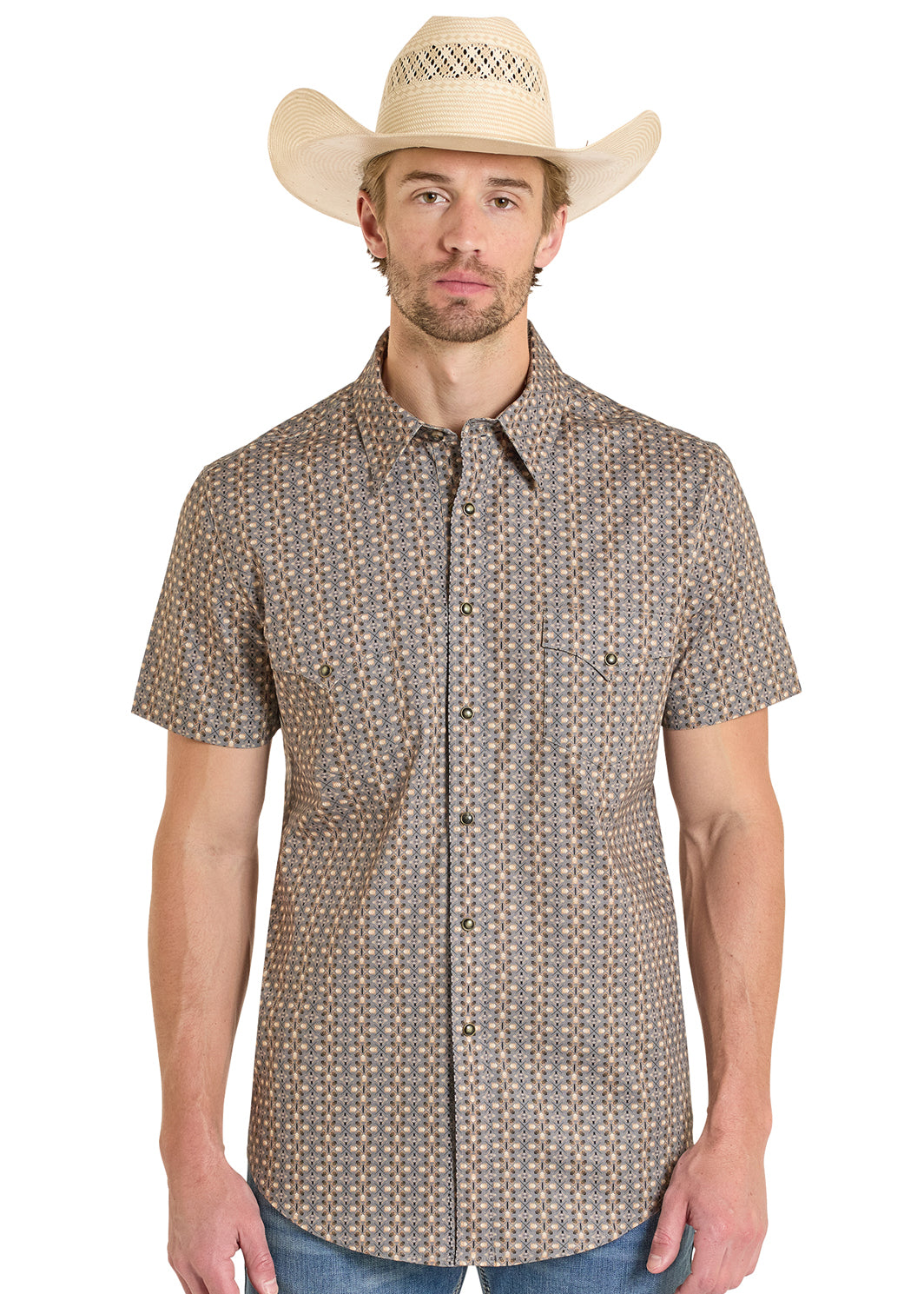 ROCK&ROLL SHIRT MENS RR GEO PRINT SNAP SHORT DARK BROWN BMN3S08307
