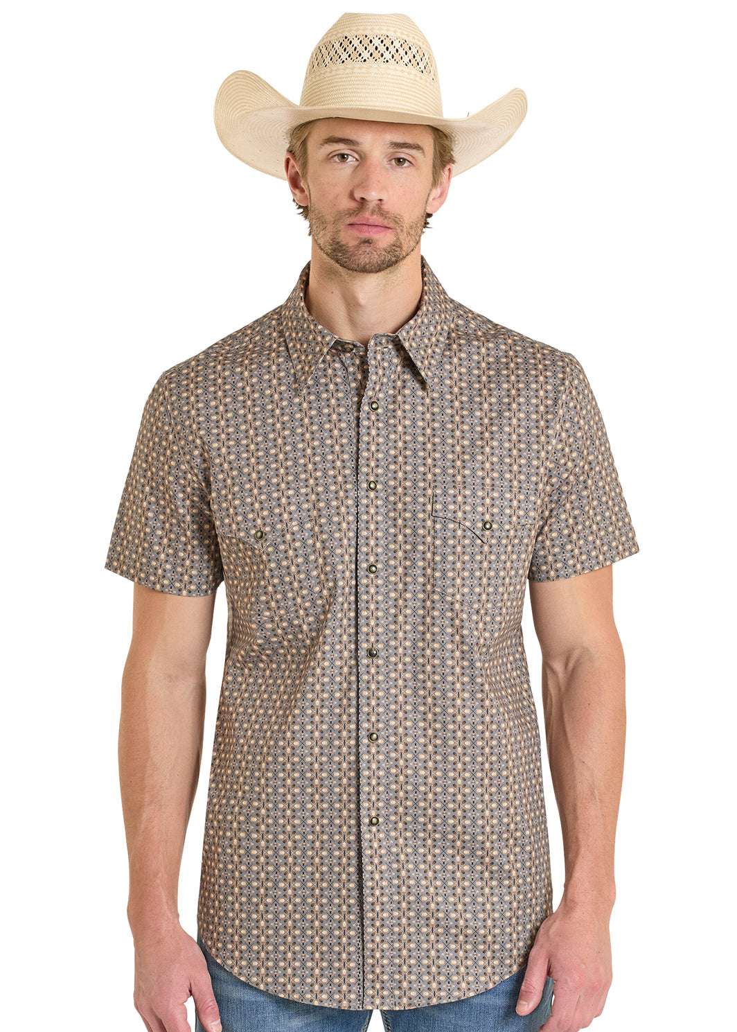 ROCK&ROLL SHIRT MENS RR GEO PRINT SNAP SHIRT DARK BROWN BMN3S08307 Laherradurawwnc.com