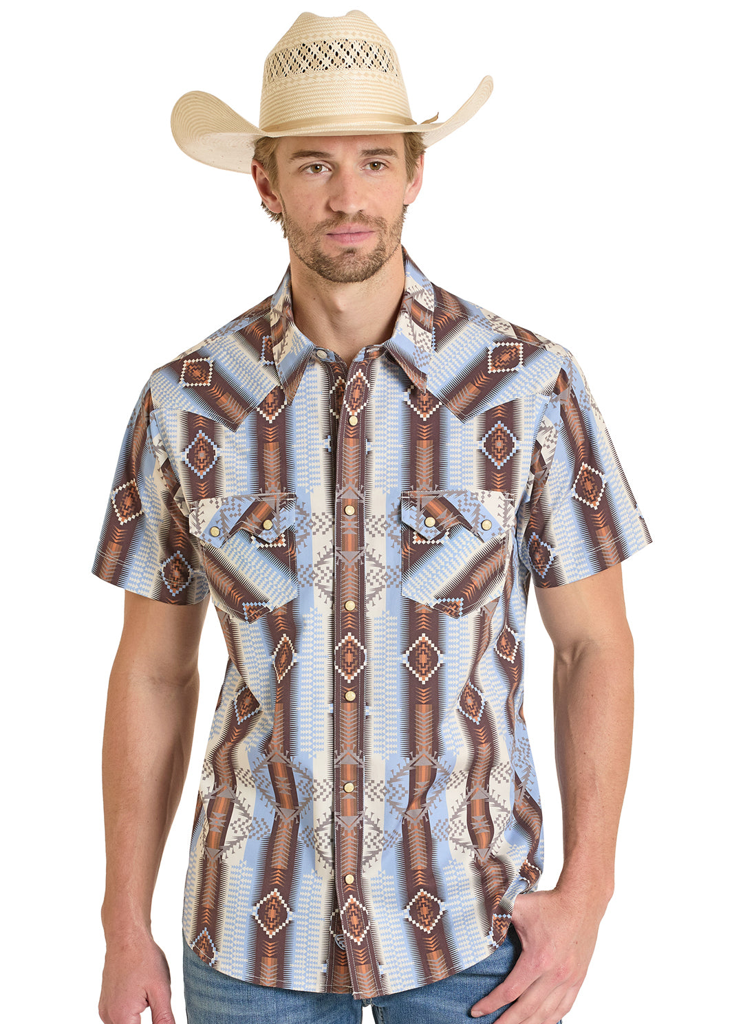 ROCK&ROLL MENS RR AZTEC PRINTED SHORT SHIRT POWDER BLUE- BMN3S08311