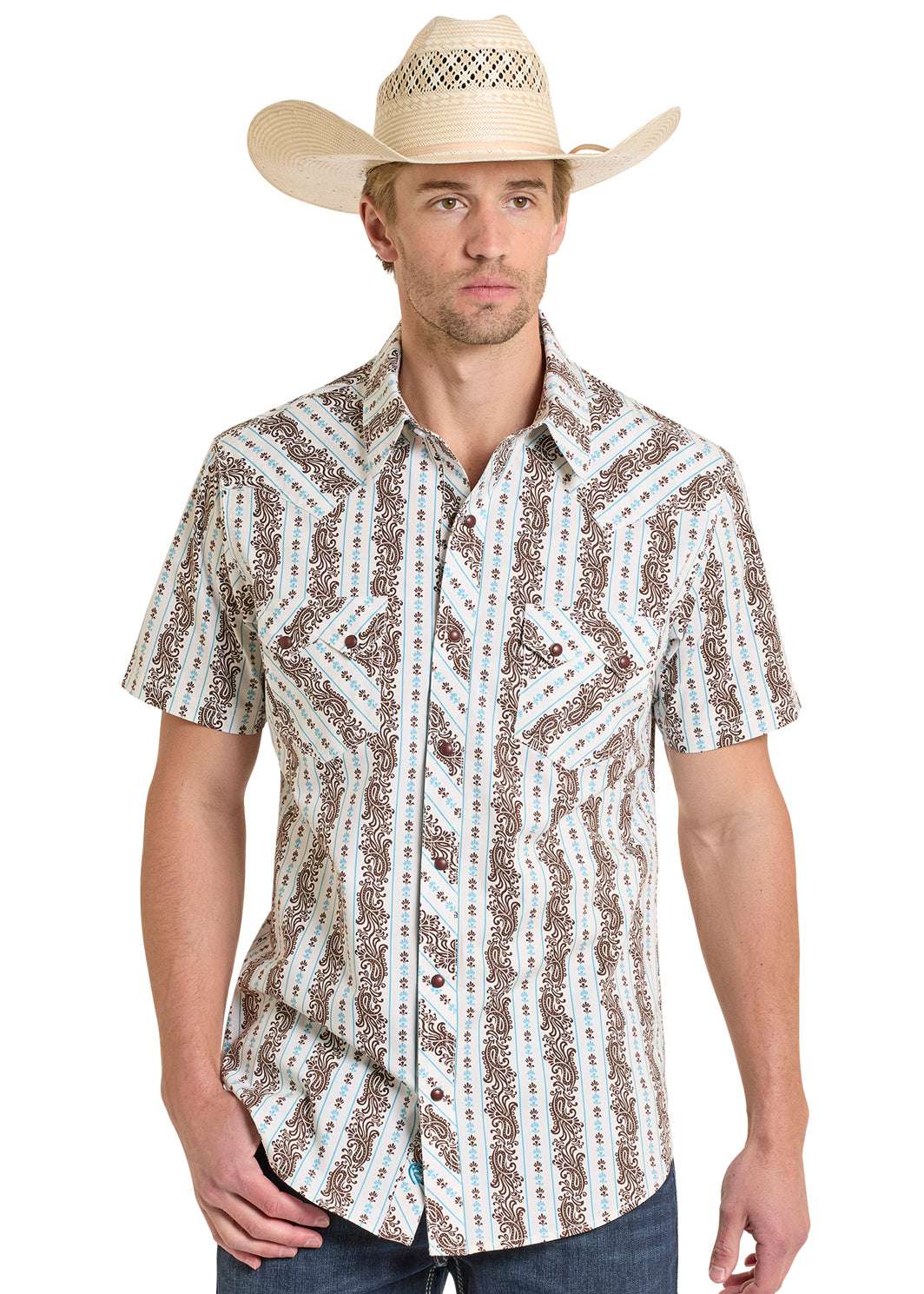 ROCK&ROLL SHORT SLEEVE RR PAISLEY STRIPE TEAL BMN3S08320 Laherradurawwnc.com