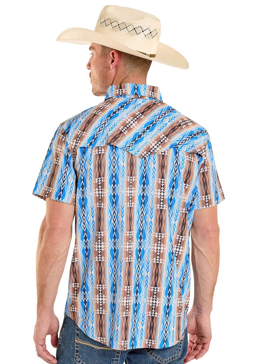 ROCK&ROLL AZTEC PRINTED SHIRT MENS BLUE SHORT BMN3S08387 Laherradurawwnc.com