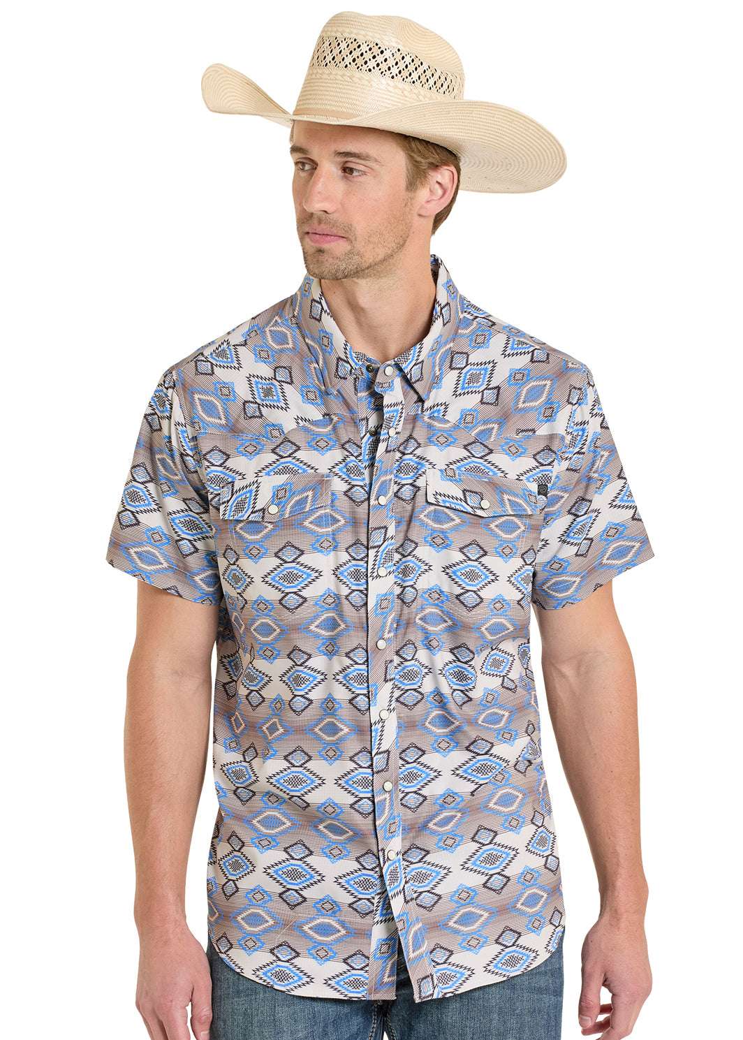 ROCK&ROLL MENS AZTEC PRINTED SHIRT NATURAL SHORT BMN3S08389 Laherradurawwnc.com