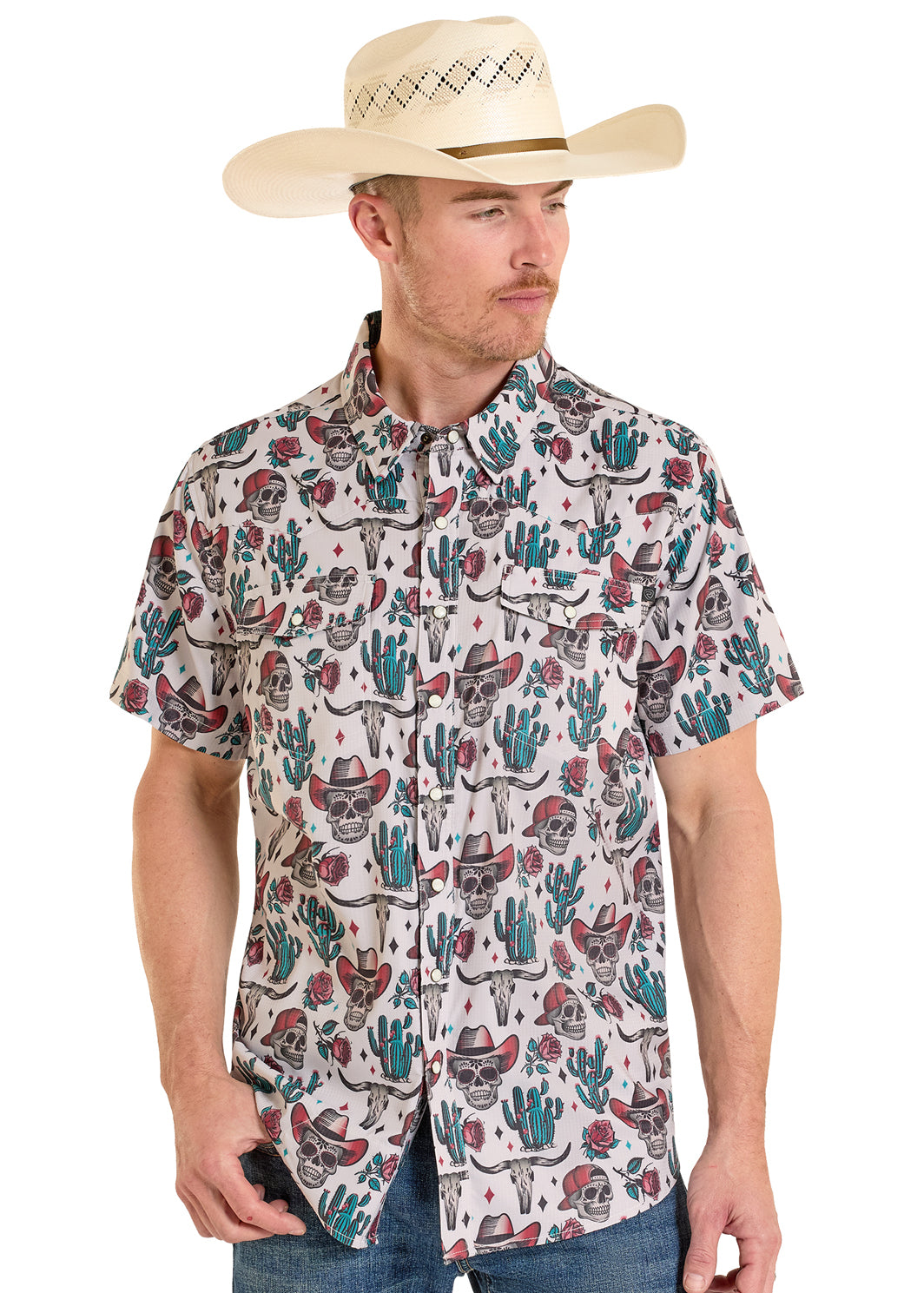 ROCK&ROLL SHORT SLEEVE TAN NOVELTY SKULLS TEK WESTERN - BMN3S08401