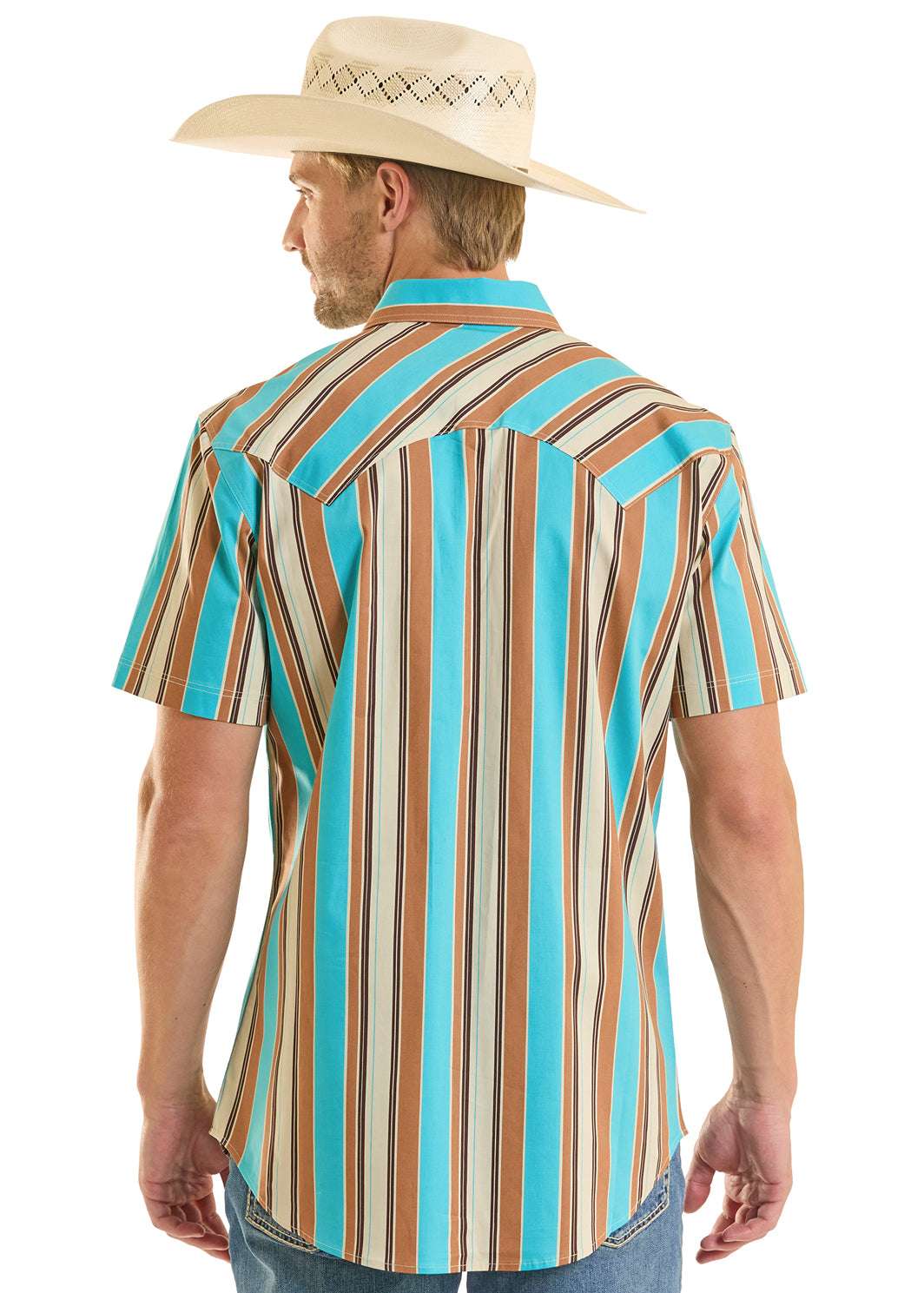 ROCK&ROLL MEN TURQUOISE/BROWN STRIPE SHORT SLEEVE BUTTON UP SHIRT- BMN3S08652 Laherradurawwnc.com