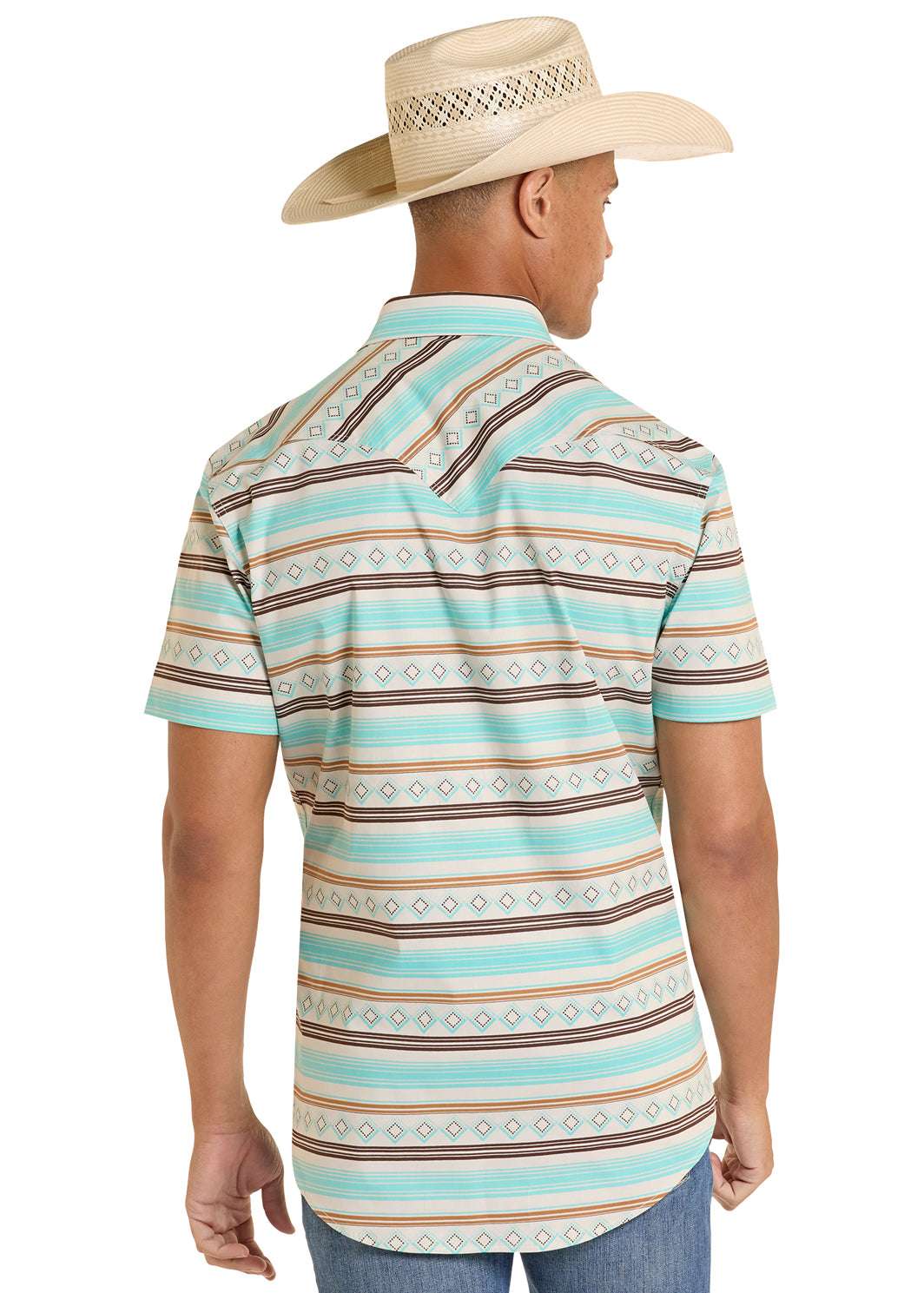 ROCK&ROLL MENS TEAL STRIPE PRINTED SHIRT SHORT SLEEVE - BMN3S08654 Laherradurawwnc.com
