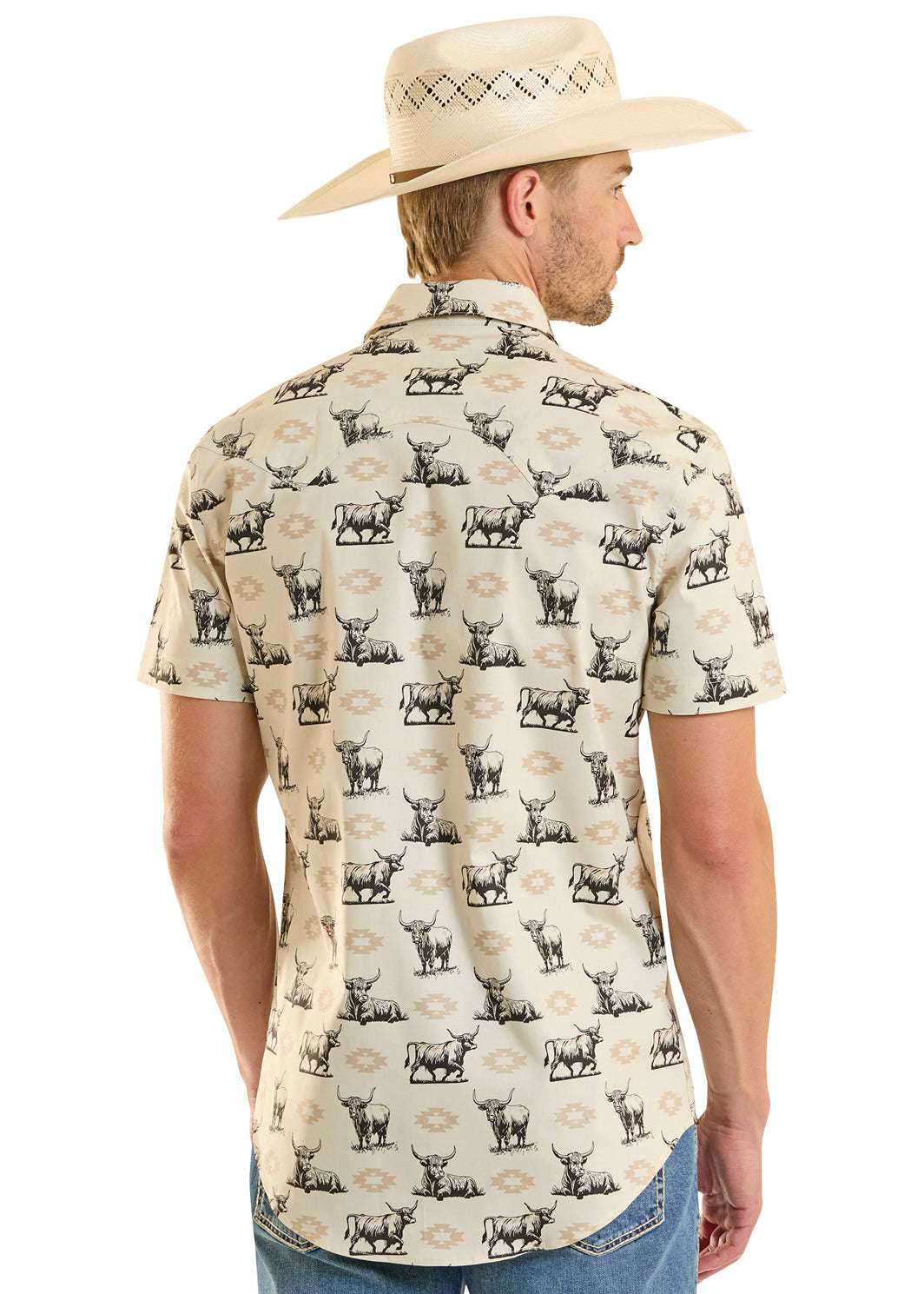ROCK&ROLL MENS TAN NOVELTY PRINTED SHORT SLEEVE SHIRT- BMN3S08668