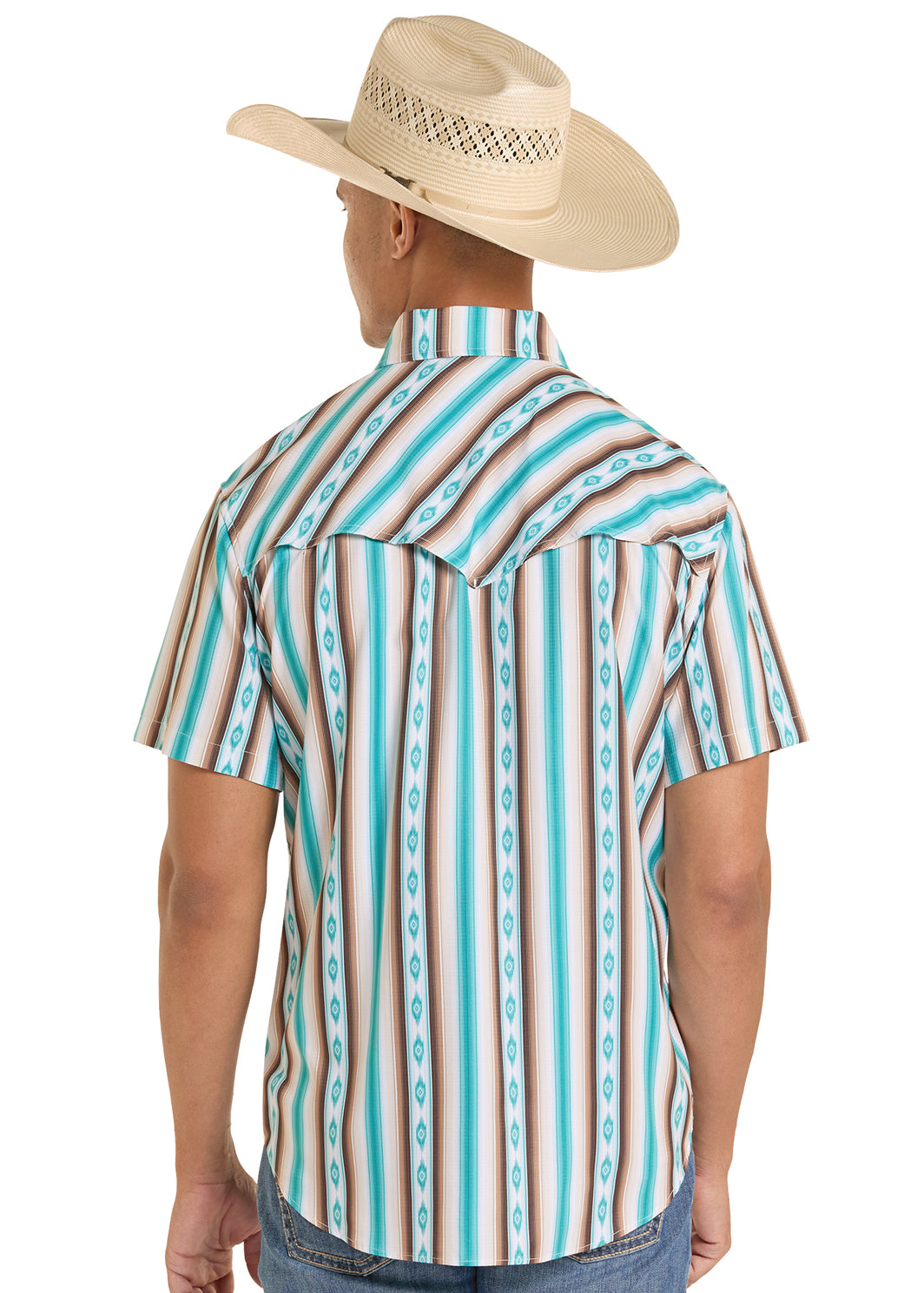 Man wearing a colorful striped shirt and cowboy hat