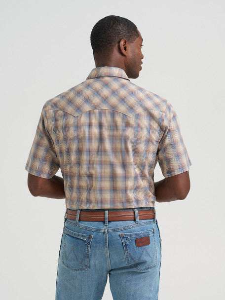 WRANGLER MEN PURAL SHAP SHORT SLEEVE SHIRT BLUE AND BROWN STRIPED 112374758 Laherradurawwnc.com