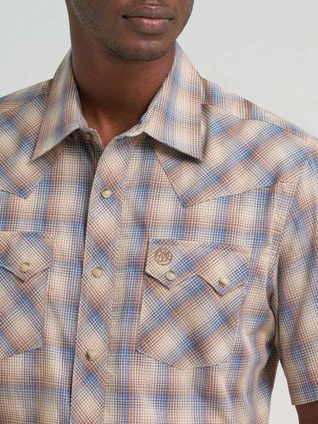 WRANGLER MEN PURAL SHAP SHORT SLEEVE SHIRT BLUE AND BROWN STRIPED 112374758 Laherradurawwnc.com