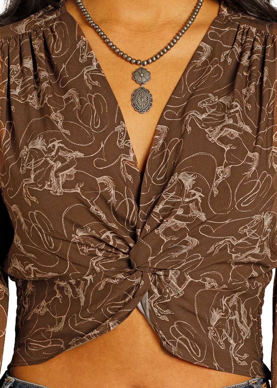 ROCK&ROLL WOMEN KNOTTED PRINNTED BLOUSE BROWN BW52T07782 Laherradurawwnc.com