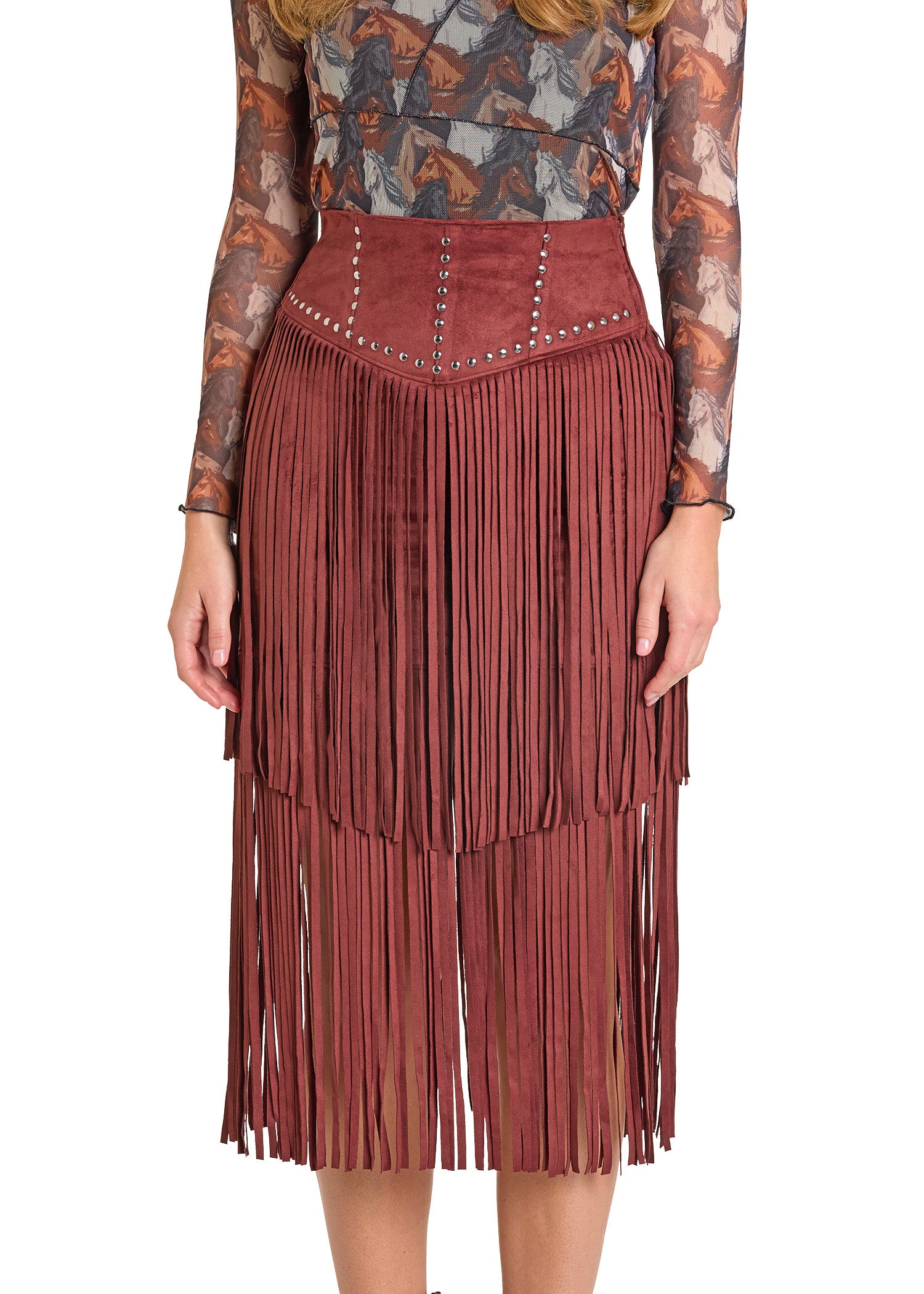 ROCK&ROLL WOMEN MIDI MICROSUEDE FRINGE SKIRT WINE BW69B07006