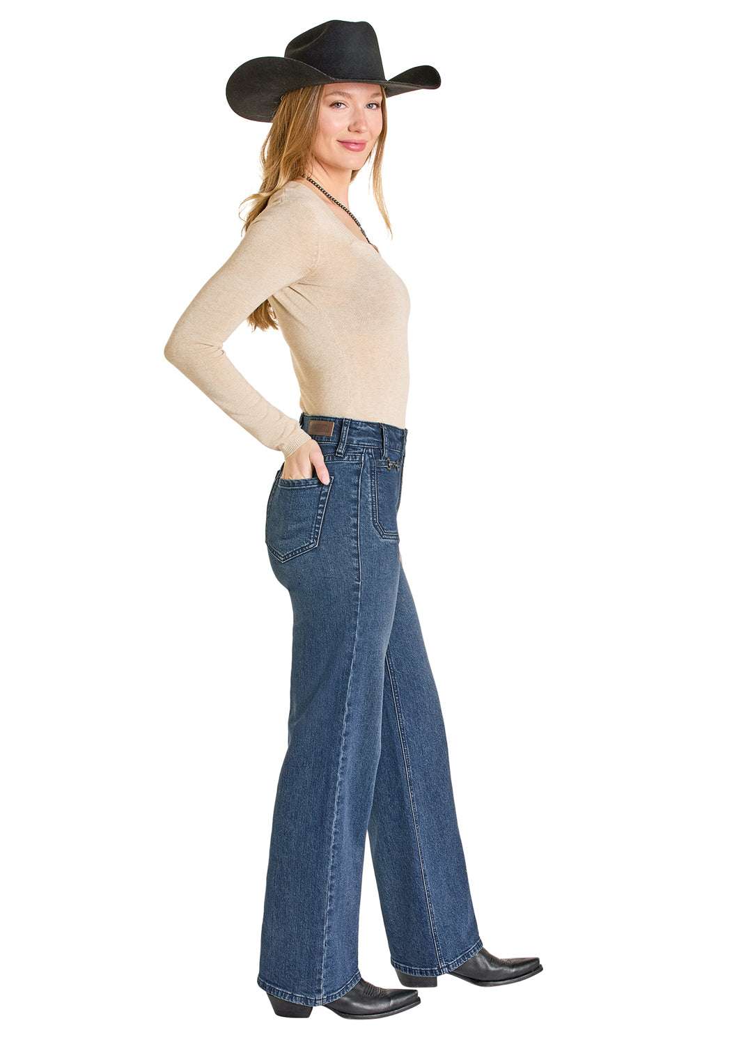 ROCK&ROLL WOMEN DARK WASH HIGH RISE- CLASP DETAIL RELAXED -BW6HD07846 Laherradurawwnc.com