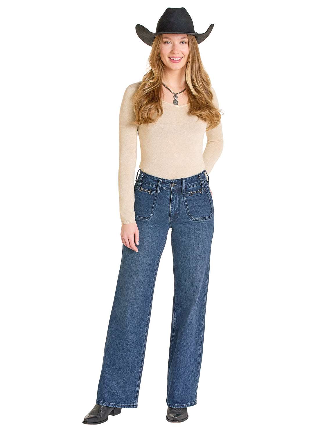 ROCK&ROLL WOMEN DARK WASH HIGH RISE- CLASP DETAIL RELAXED -BW6HD07846 Laherradurawwnc.com