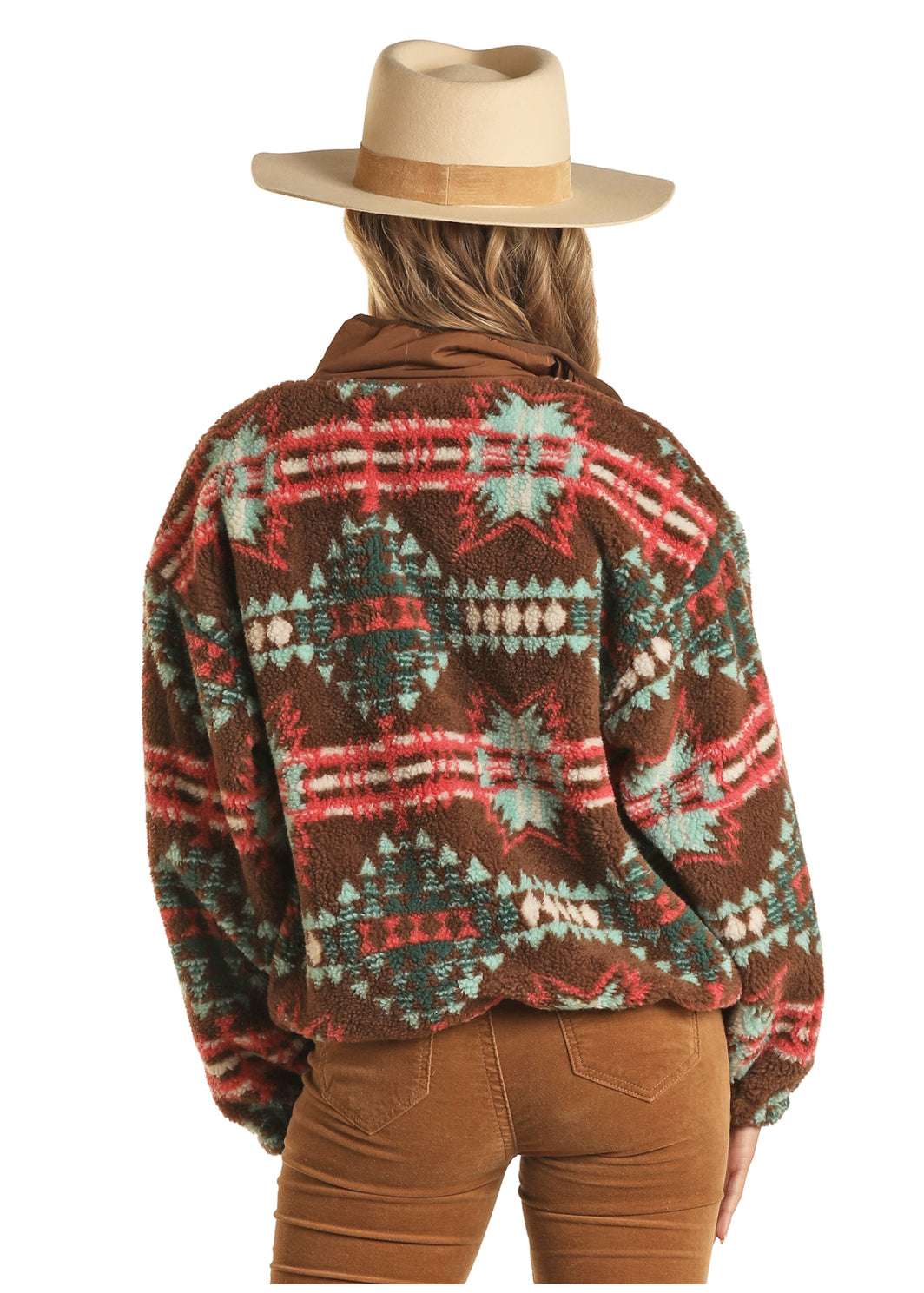 ROCK AND ROLL WOMEN JACKET CHOCOLATE AZTEC SHERPA JACKET BW92C02110 Laherradurawwnc.com
