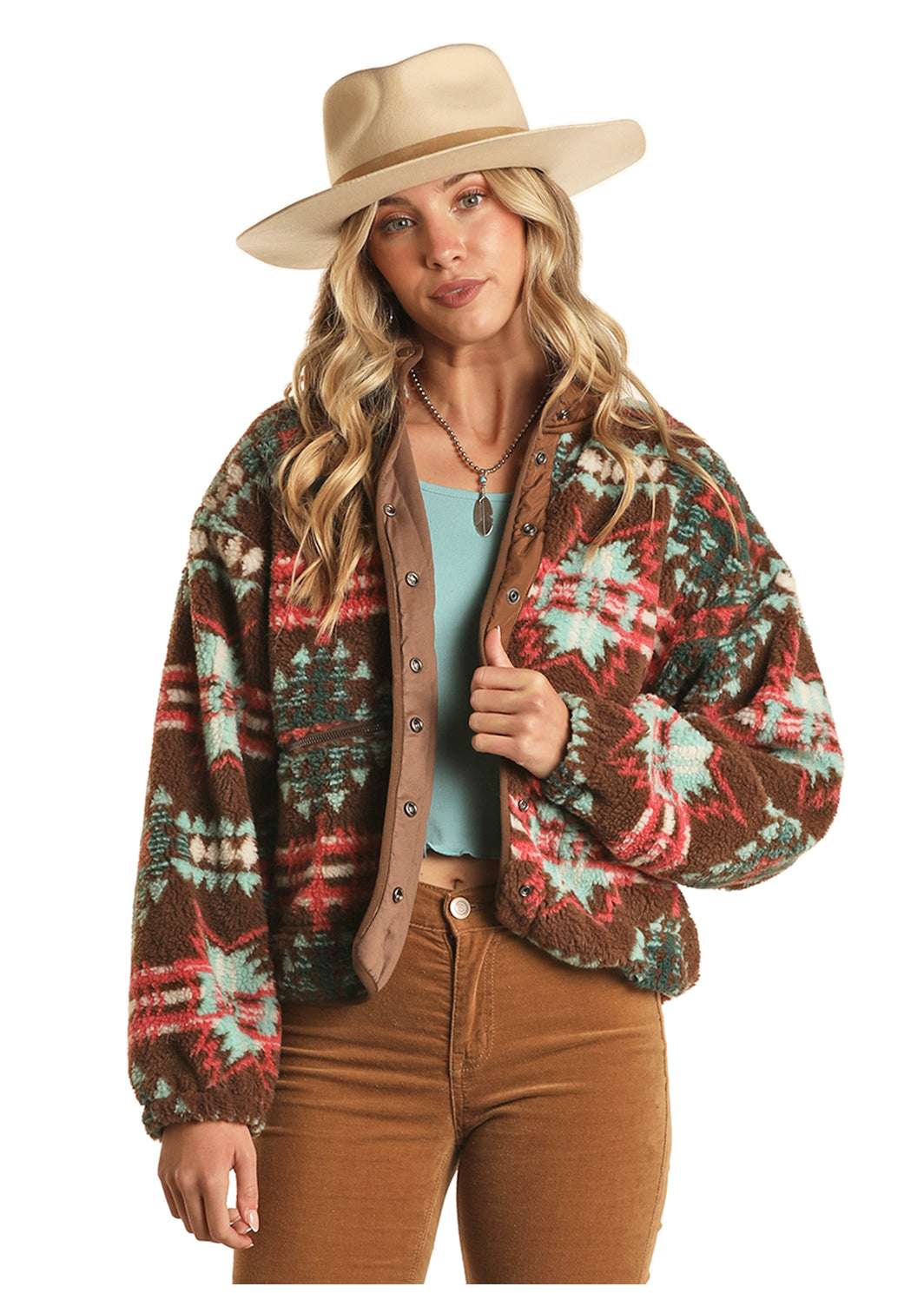 ROCK AND ROLL WOMEN JACKET CHOCOLATE AZTEC SHERPA JACKET BW92C02110 Laherradurawwnc.com