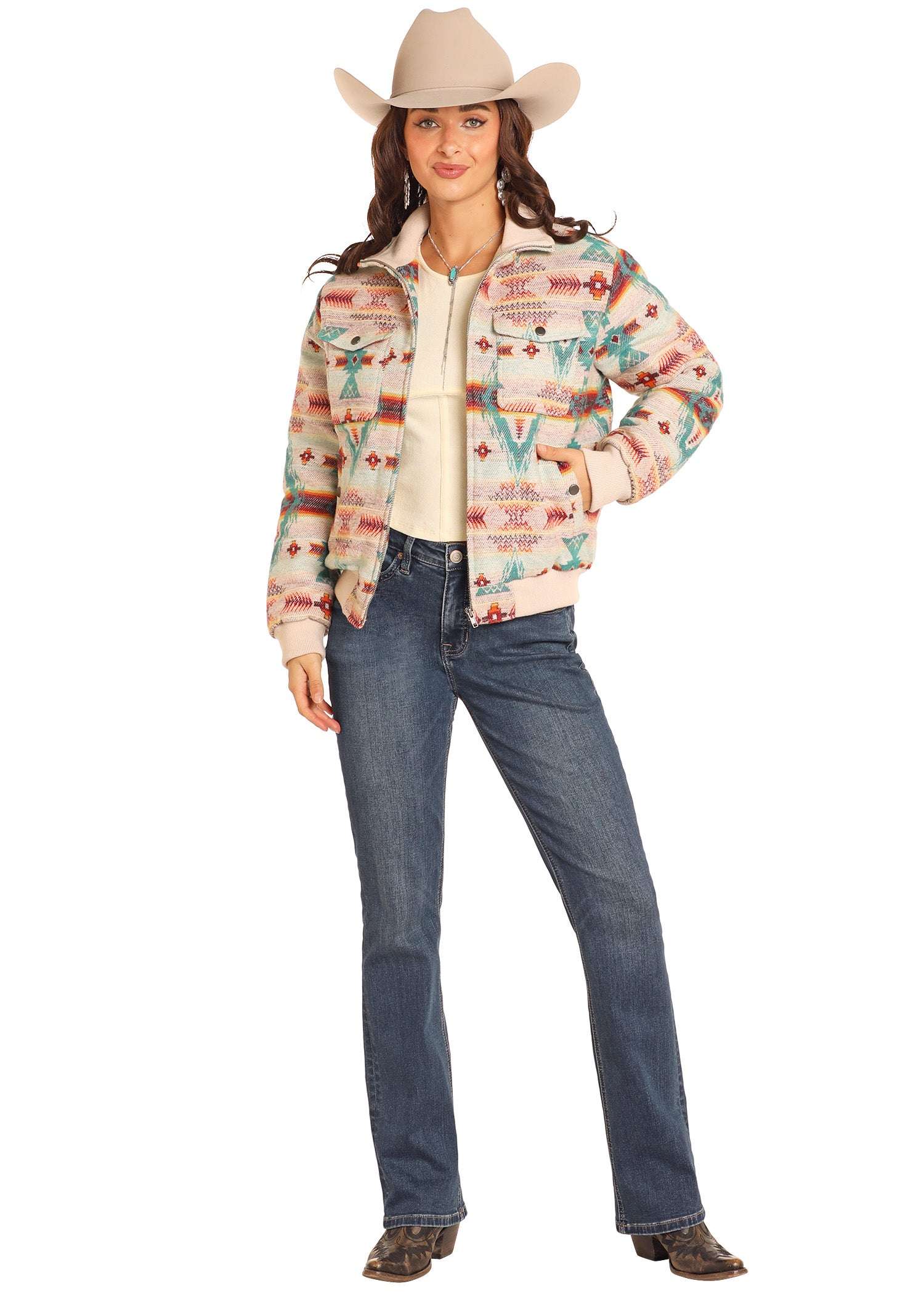 ROCK&ROLL WOMEN JACQUARD BOMBER NATURAL JACKET BW92C04331 Laherradurawwnc.com