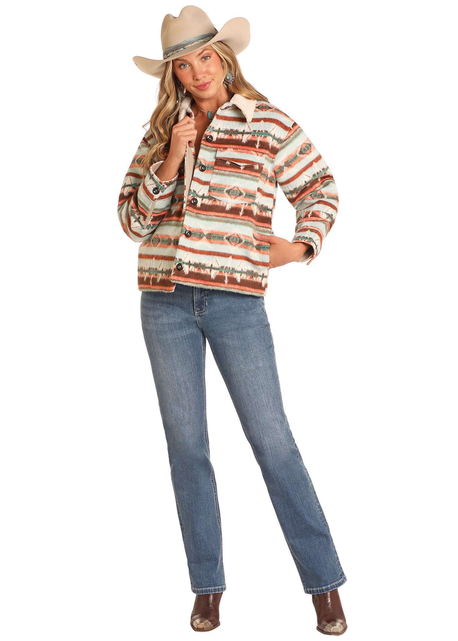 Rock&Roll Womens Aztec Button Up Jacket Orange/Teal BW92C04496 Laherradurawwnc.com