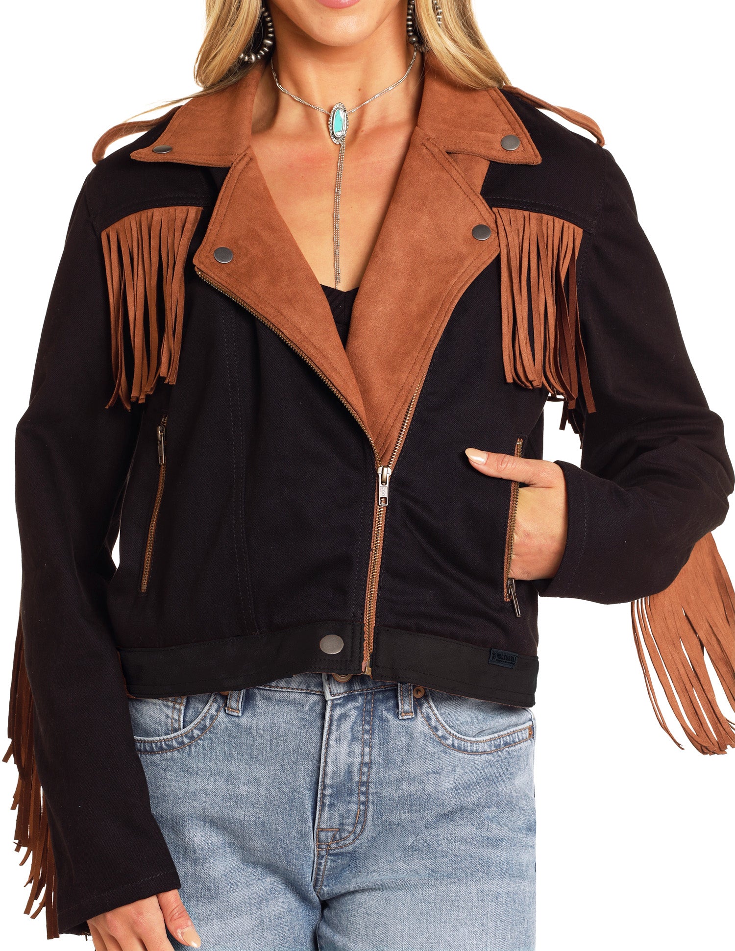 Rock&roll Womens Micro Suede Jacket W Fringe Black/Brown Stars BW92D04927