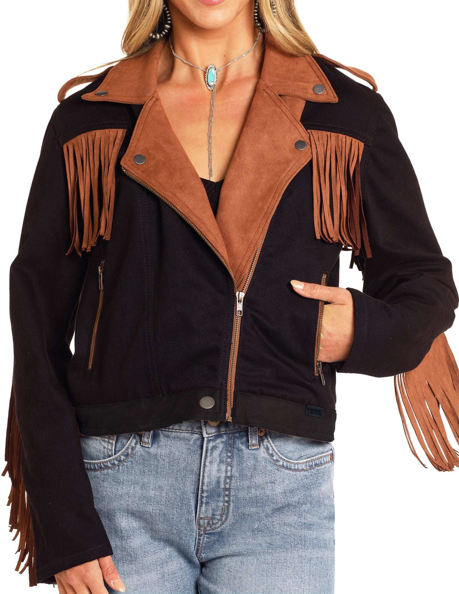 Rock&roll Womens Micro Suede Jacket W Fringe Black/Brown Stars BW92D04927 Laherradurawwnc.com
