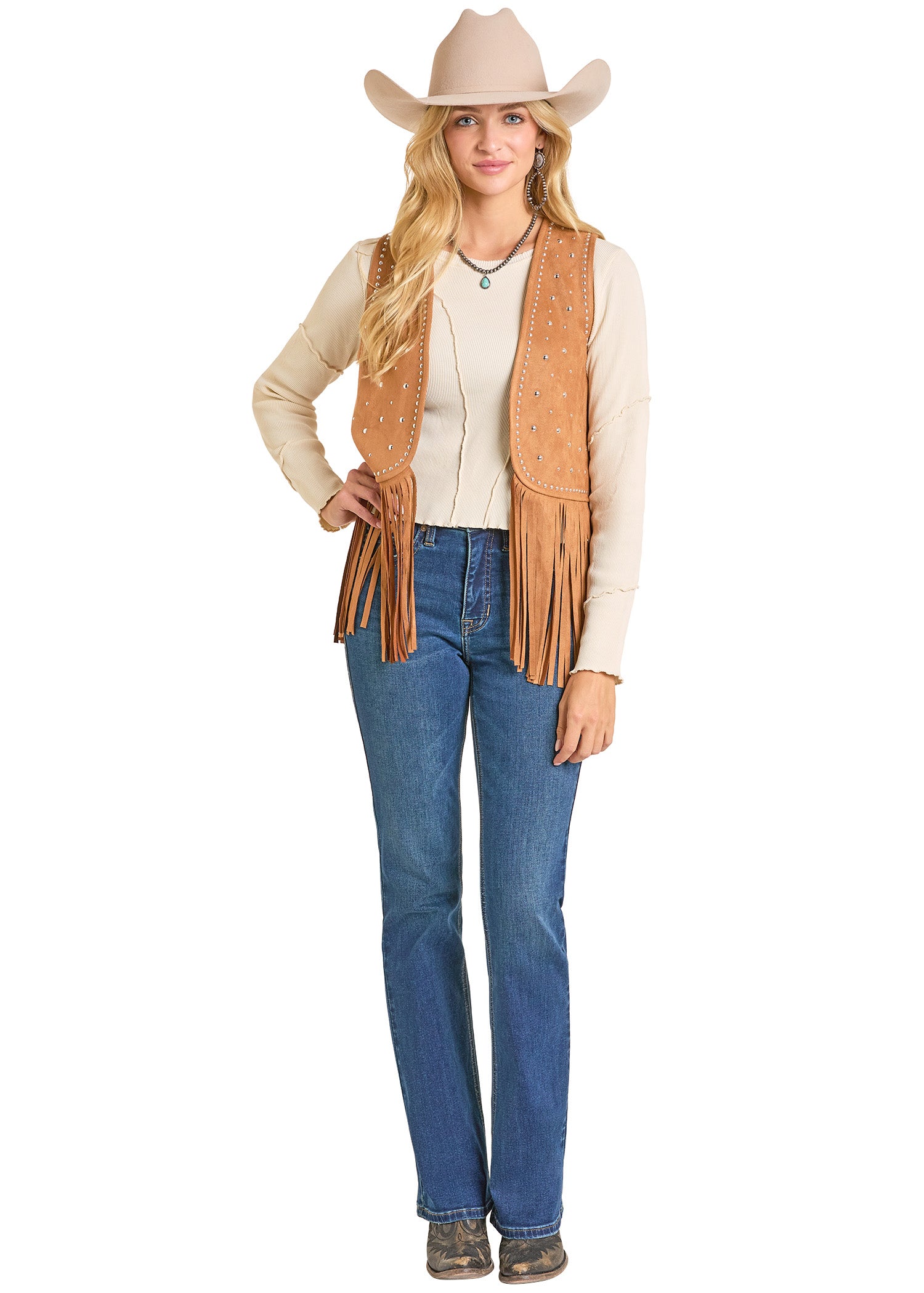 ROCK&ROLL WOMEN STUDDED VEST WITH FRINGE CAMEL BW98C06997