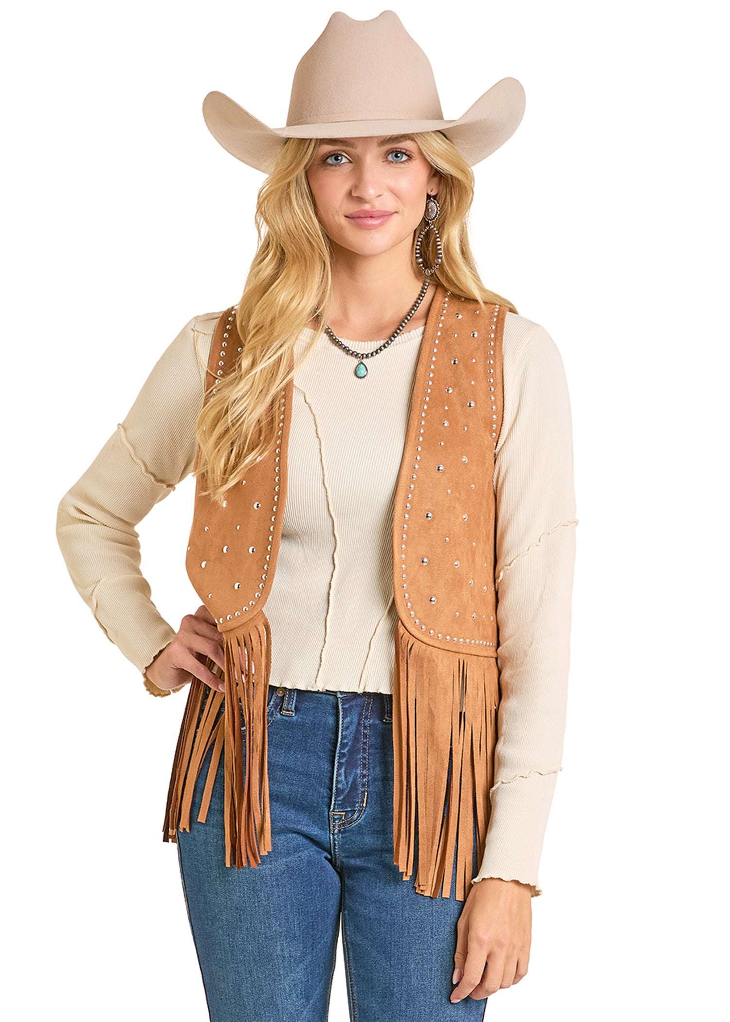 ROCK&ROLL WOMEN STUDDED VEST WITH FRINGE CAMEL BW98C06997 Laherradurawwnc.com