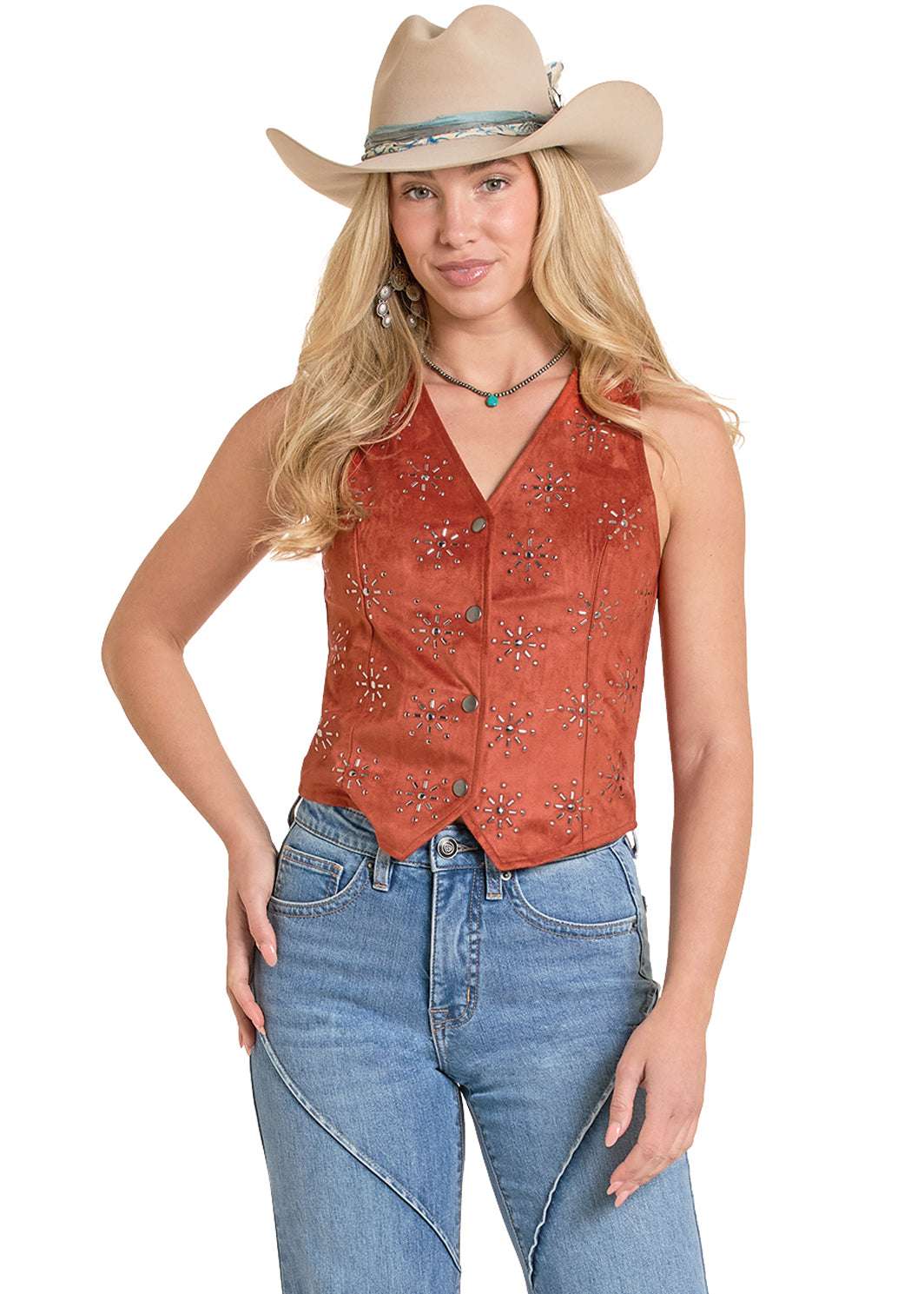 ROCK&ROLL WOMEN RUST STUDDED SNAP VEST BW98C08085 Laherradurawwnc.com