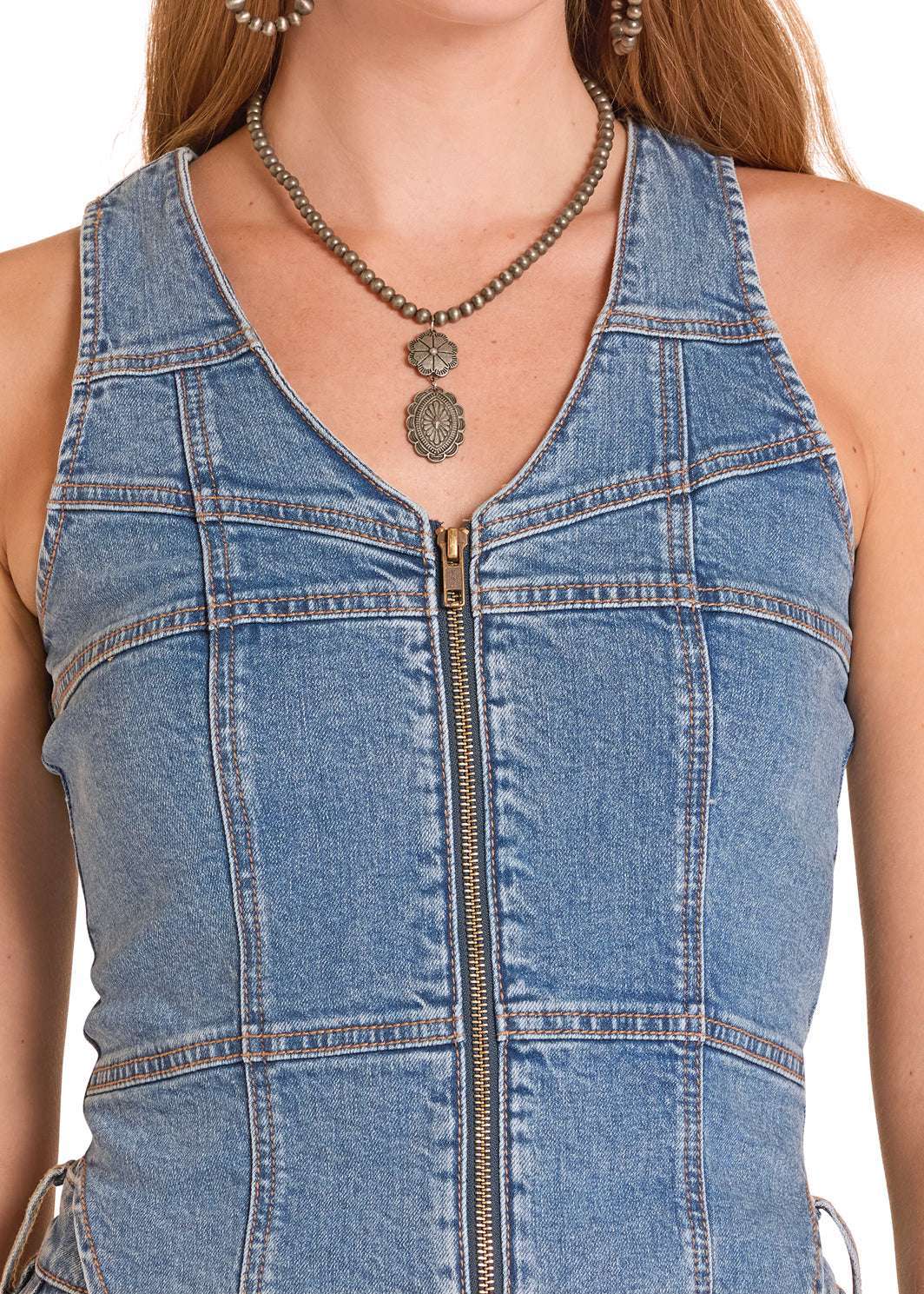 ROCK&ROLL WOMENS SEAMED ZIP UP VEST MEDIUM WASH - BW98D09107 Laherradurawwnc.com