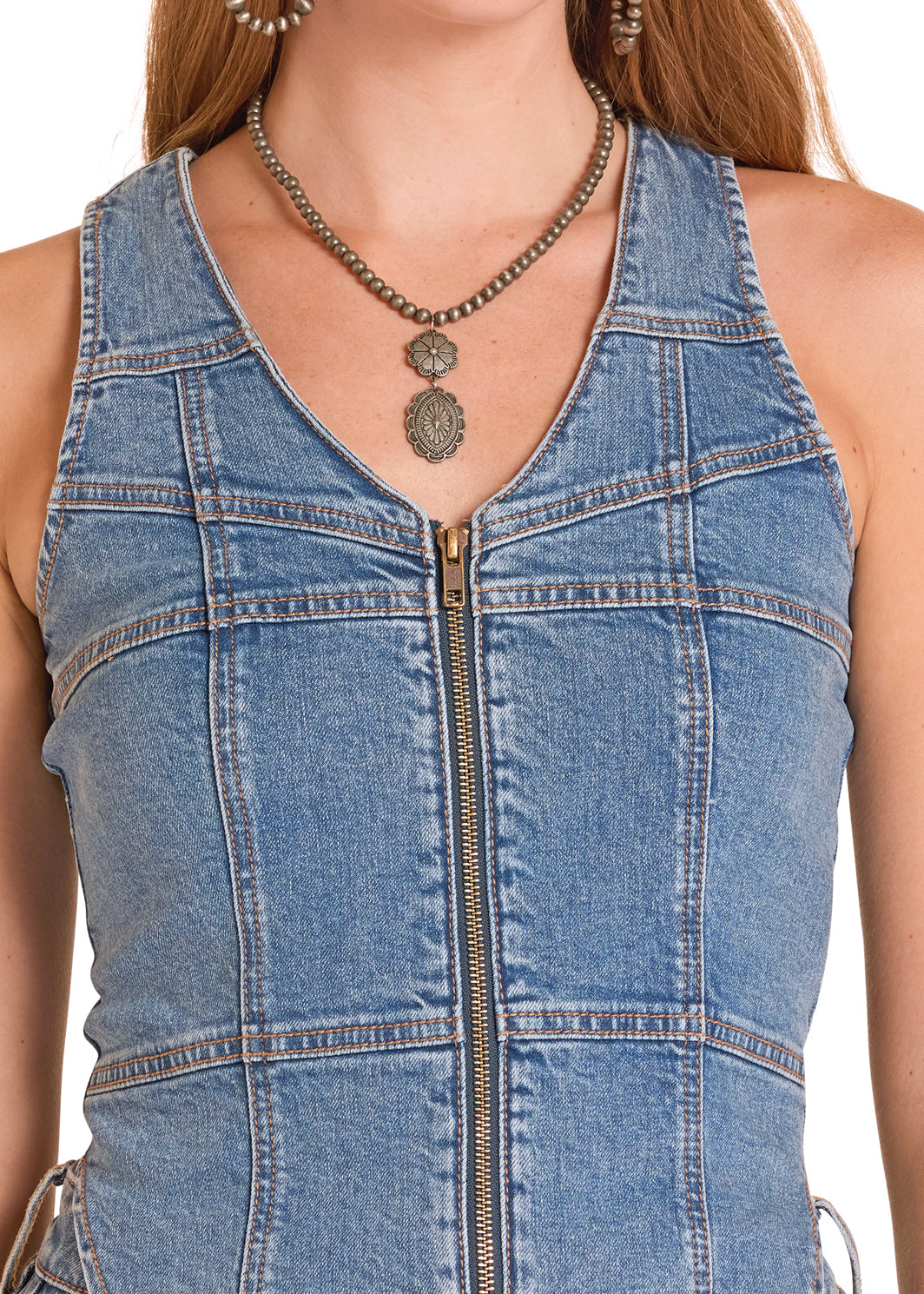 ROCK&ROLL WOMENS SEAMED ZIP UP VEST MEDIUM WASH - BW98D09107