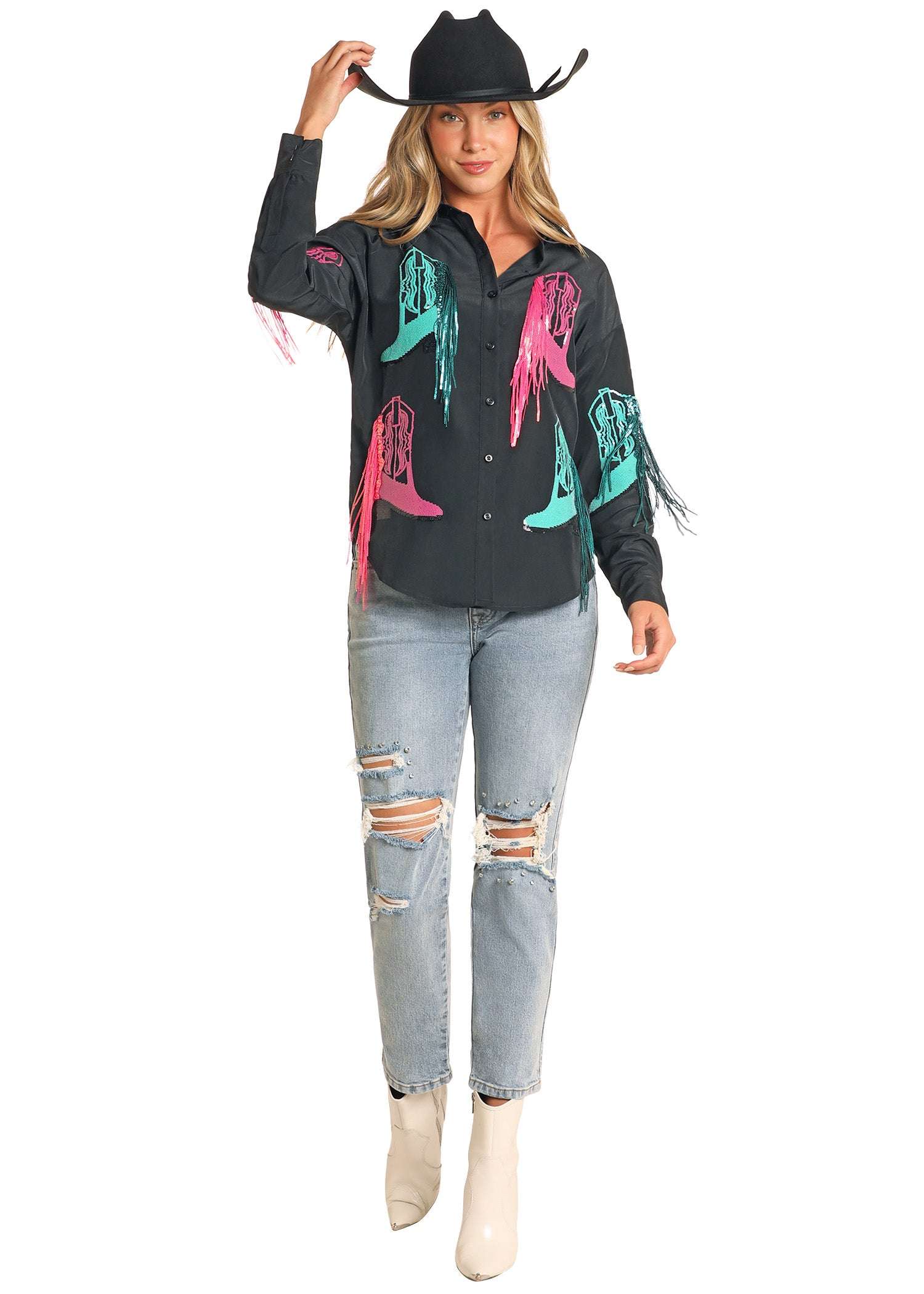 Rock&RoLl women Black sequined Boot Overshirt BWB2C04504 Laherradurawwnc.com