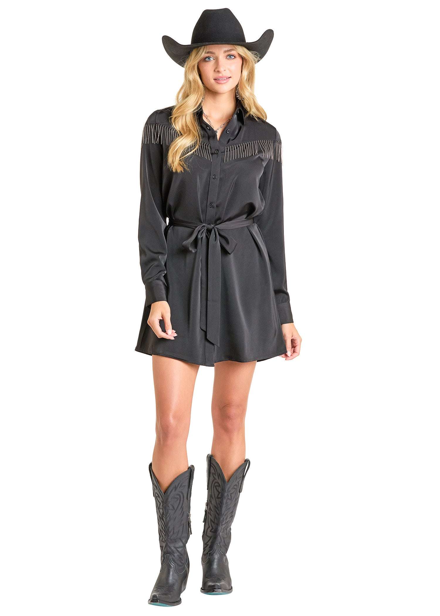 ROCK&ROLL WOMEN MINI DRESS WITH CHAIN FRINGE BLACK BWD2R06958 Laherradurawwnc.com