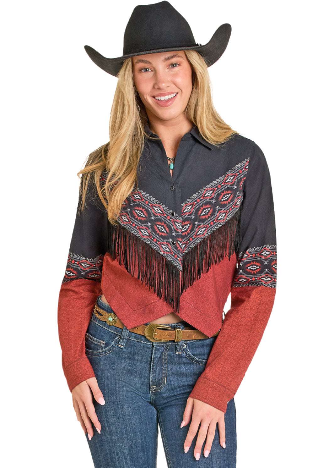 ROCK&ROLL WOMEN RETRO AZTEC BORDER SHIRT PEACOCK-BWN2S07778 Laherradurawwnc.com