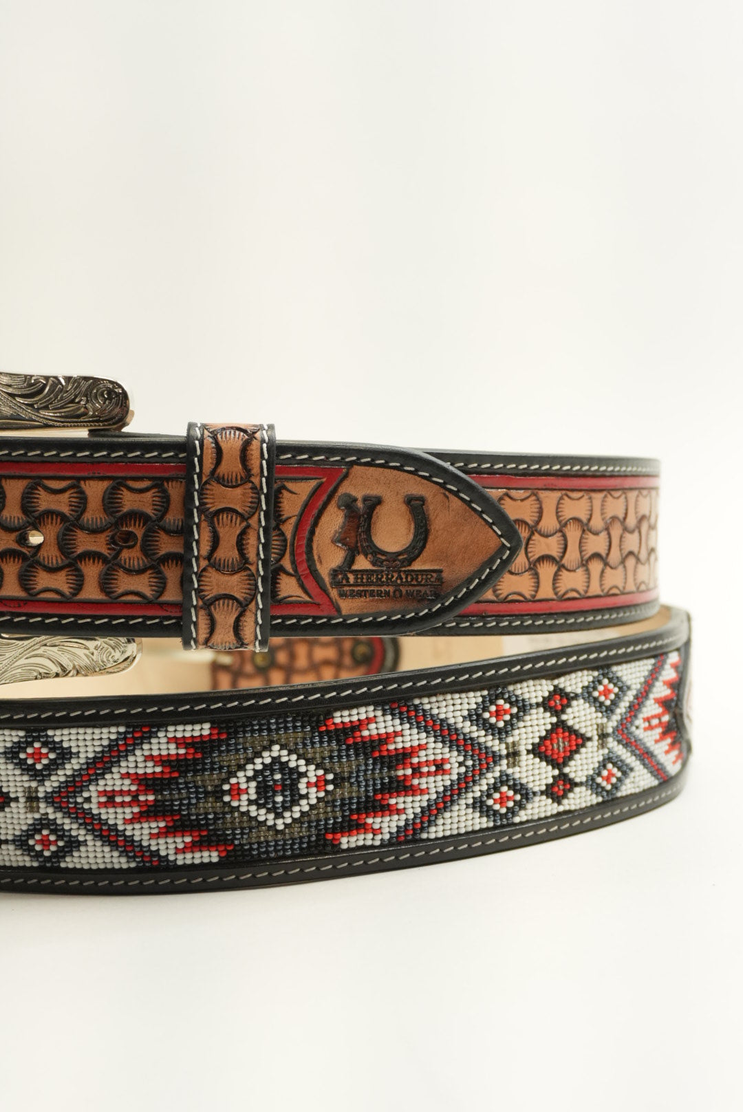LA HERRADURA 2 INCH BELT BLACK AZTEC RED/GREY NEW DESIGN