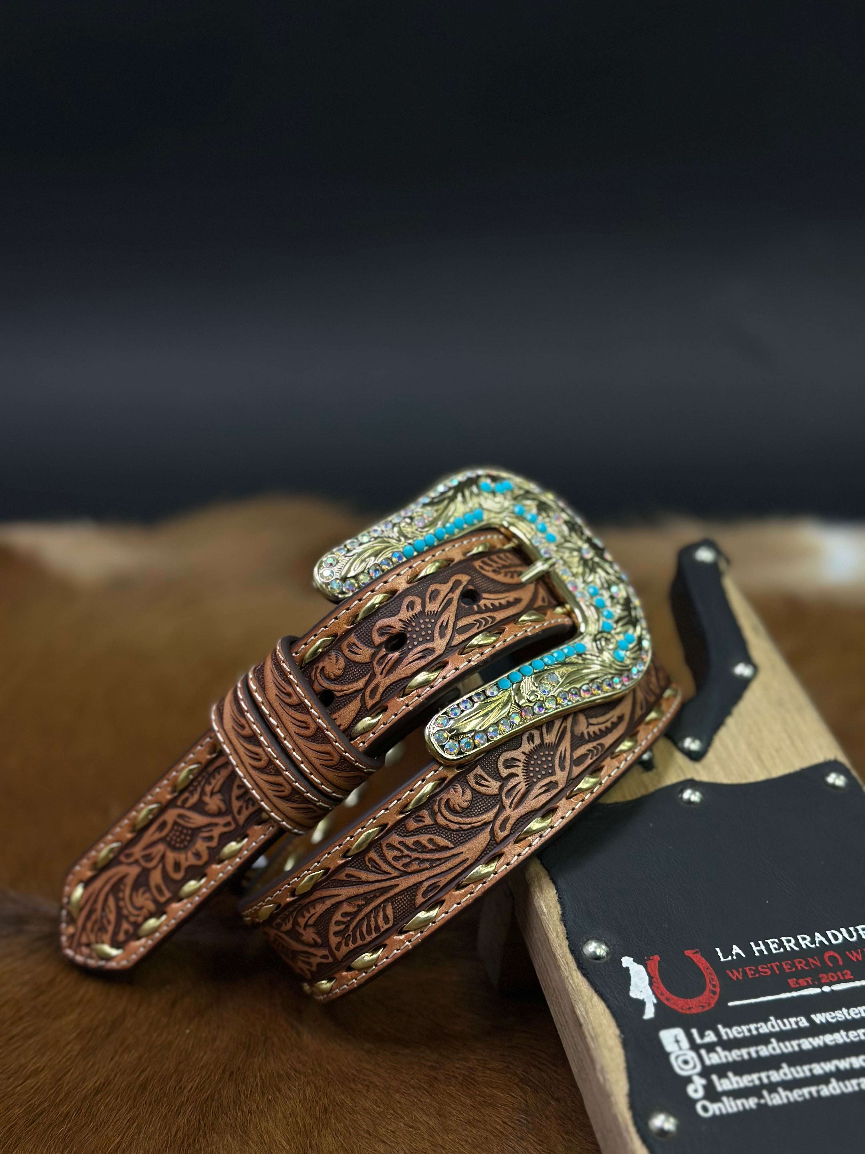 ANGEL RANCH TAN PRINT HAND TOOLED GOLD STITCHING BELT D140011308 Laherradurawwnc.com