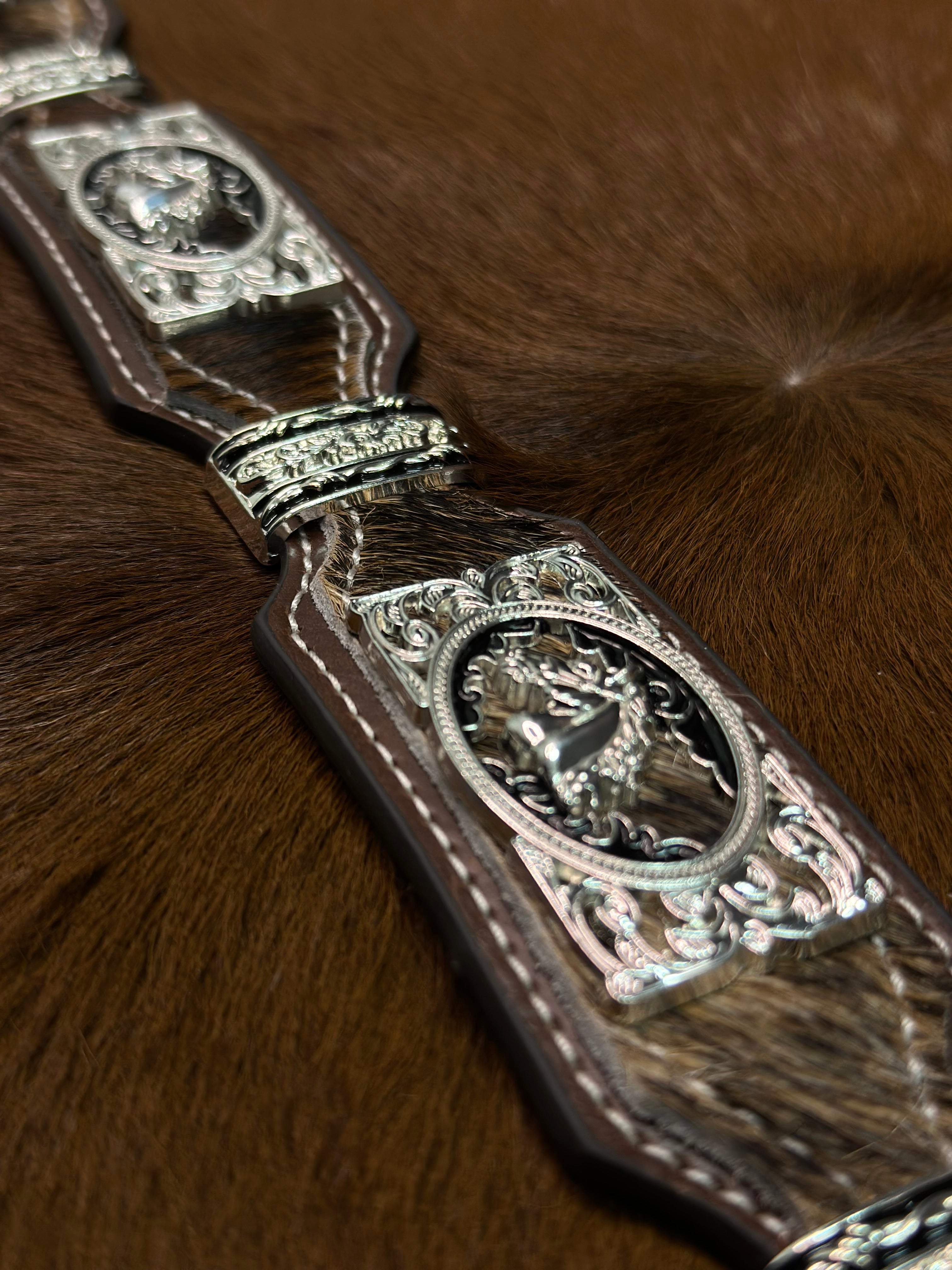 BROWN WOMENS COWHIDE BELT HORSE SILVER DESIGN SILVER BUCKLE