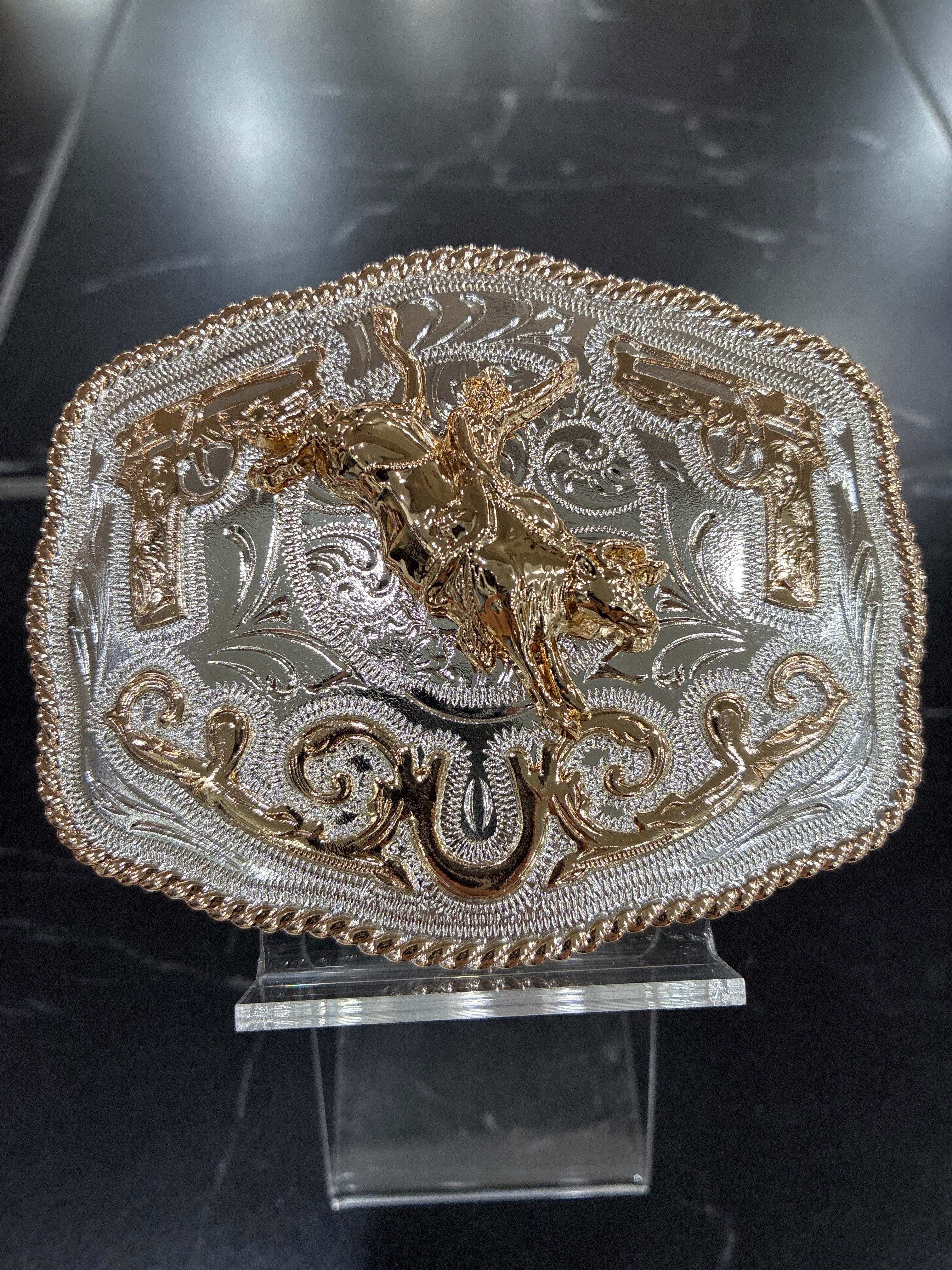 SILVER & GOLD BULL RIDER & PISTOL ROUNDED BUCKLE
