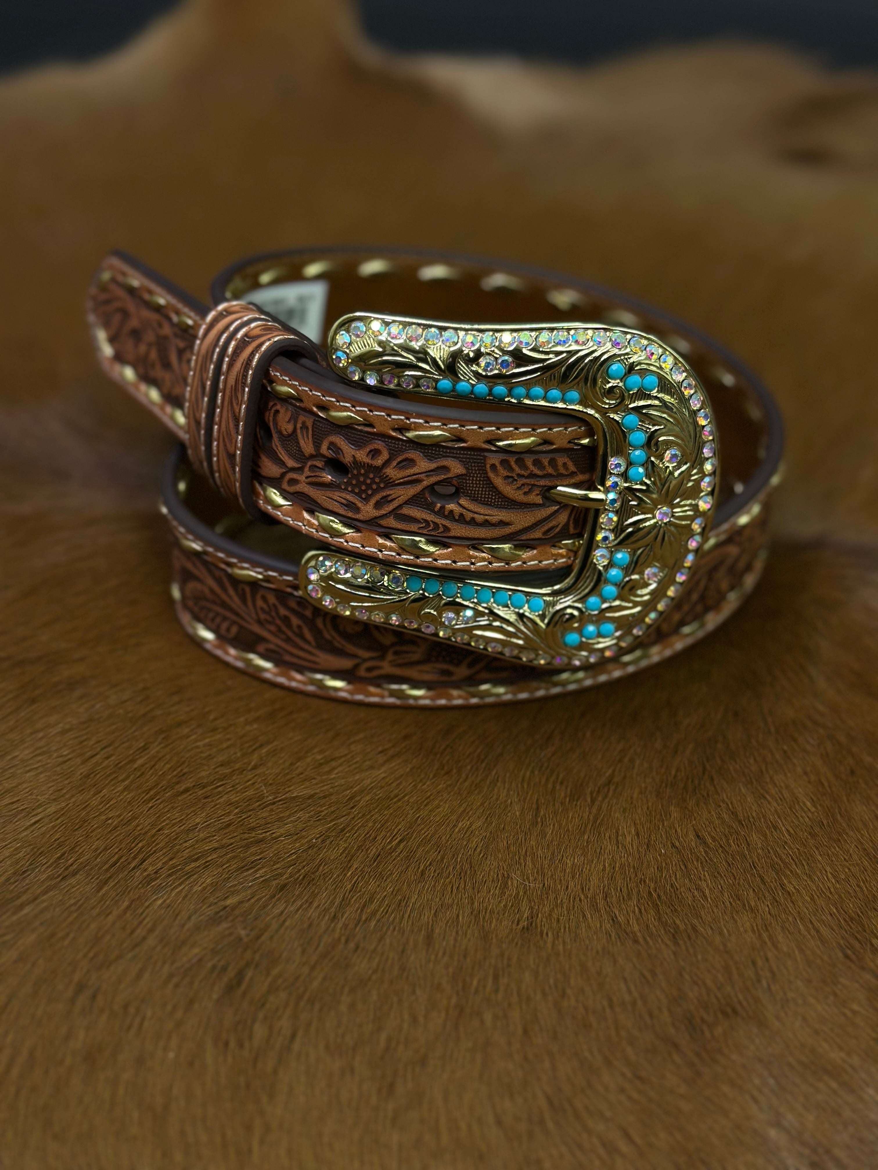 ANGEL RANCH TAN PRINT HAND TOOLED GOLD STITCHING BELT D140011308 Laherradurawwnc.com