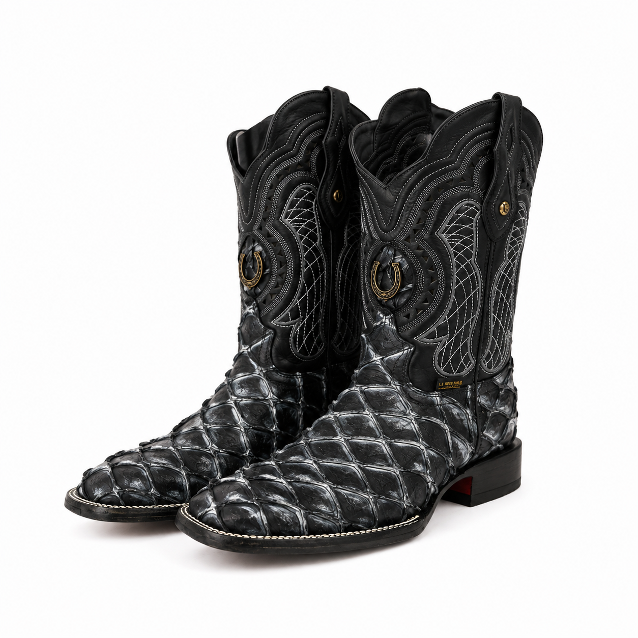 LA HERRADURA MENS PRINT DANIEL PIRARUCU BLACK-WHITE/BARZA NEGRO SQUARE TOE NEW BOOTS