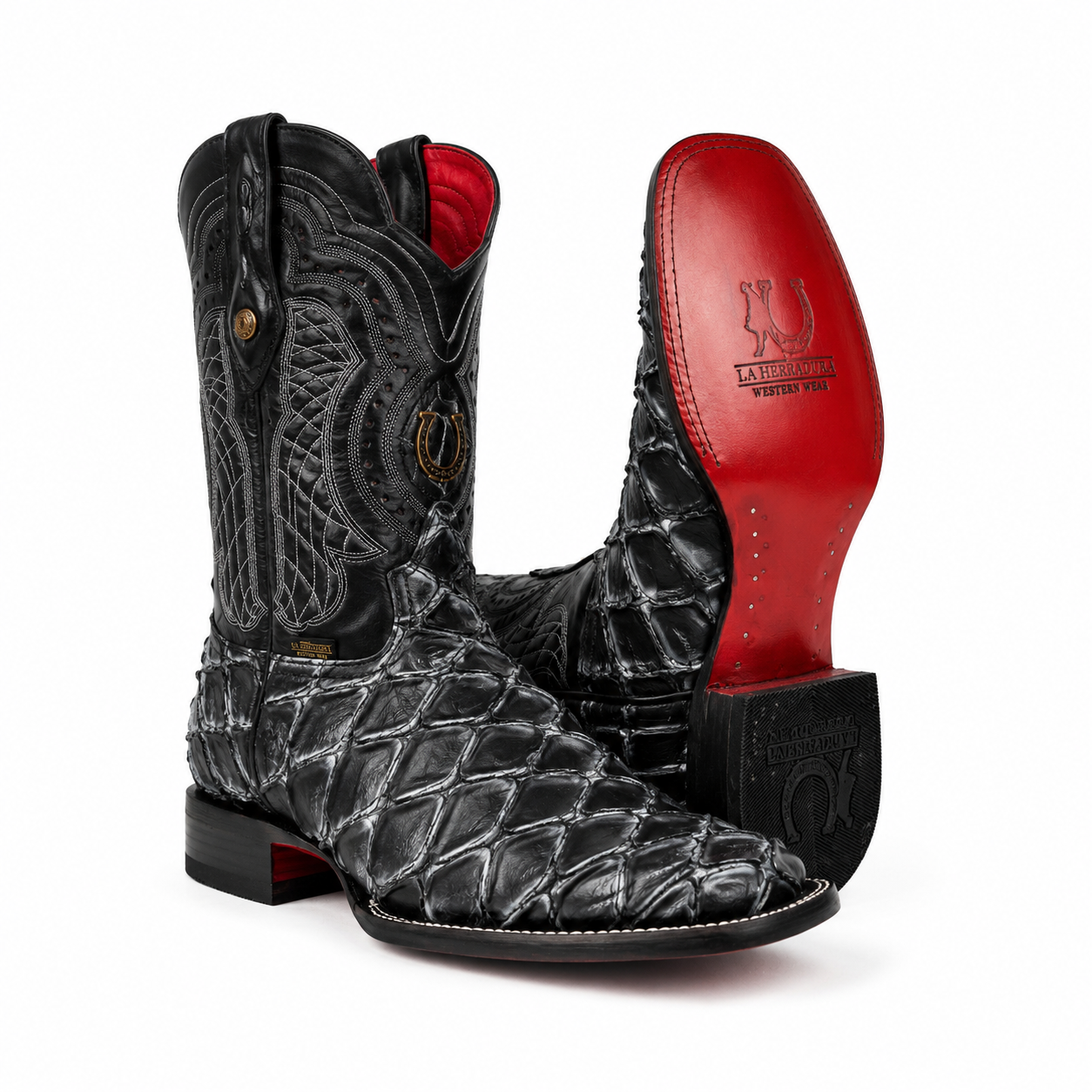 LA HERRADURA MENS PRINT DANIEL PIRARUCU BLACK-WHITE/BARZA NEGRO SQUARE TOE NEW BOOTS