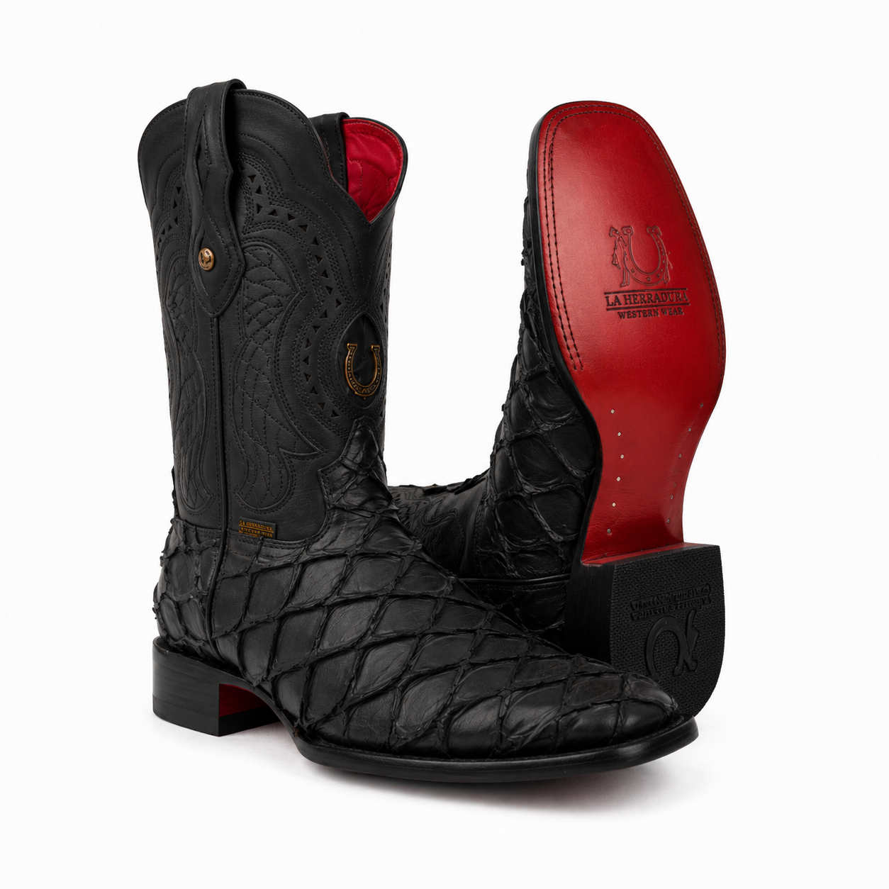 LA HERRADURA MENS PRINT DANIEL PIRARUCU NEGRO MATE/NOBUCK NEGRO ROJO SQUARE TOE NEW BOOTS