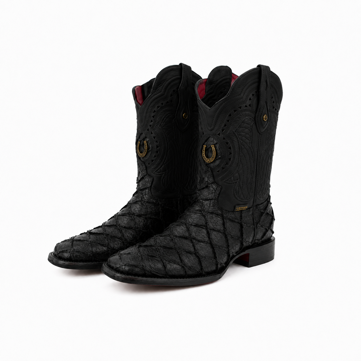 LA HERRADURA MENS PRINT DANIEL PIRARUCU NEGRO MATE/NOBUCK NEGRO ROJO SQUARE TOE NEW BOOTS