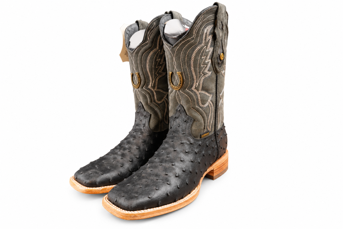 LA HERRADURA MENS DANIEL CLON AVESTRUZ NEGRO/ GAMUZA GRIS OXFORD/ S.ROJO SQUARE TOE BOOT
