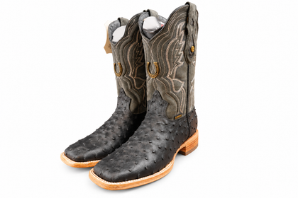 LA HERRADURA MENS DANIEL CLON AVESTRUZ NEGRO/ GAMUZA GRIS OXFORD/ S.ROJO SQUARE TOE BOOT